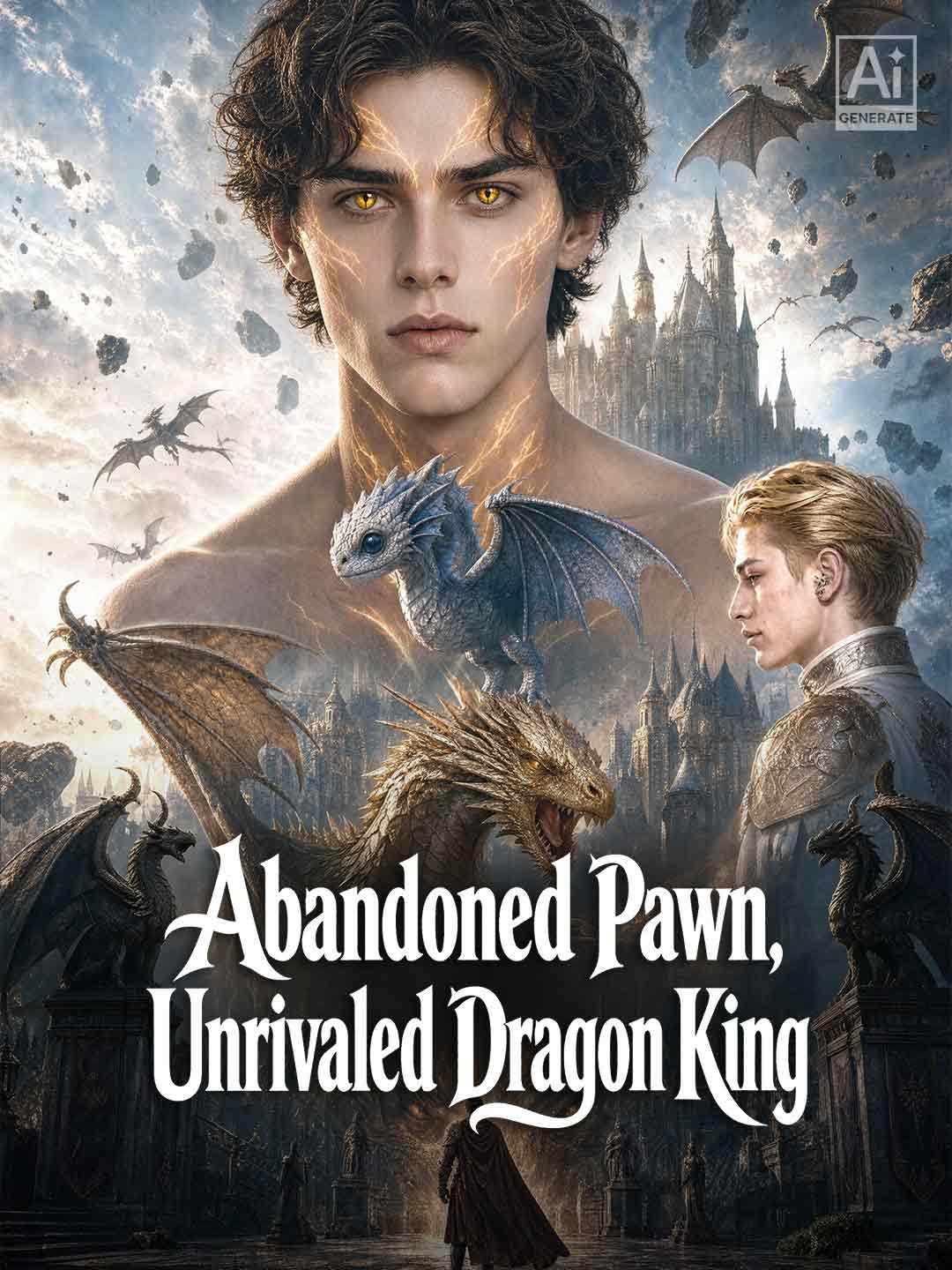 Cover of Abandoned Pawn, Unrivaled Dragon King: Owen Hale with golden marks on his face and yellow eyes, the small dragon Akira in front of him, Ellis Hale in profile and a castle ringed by dragons
