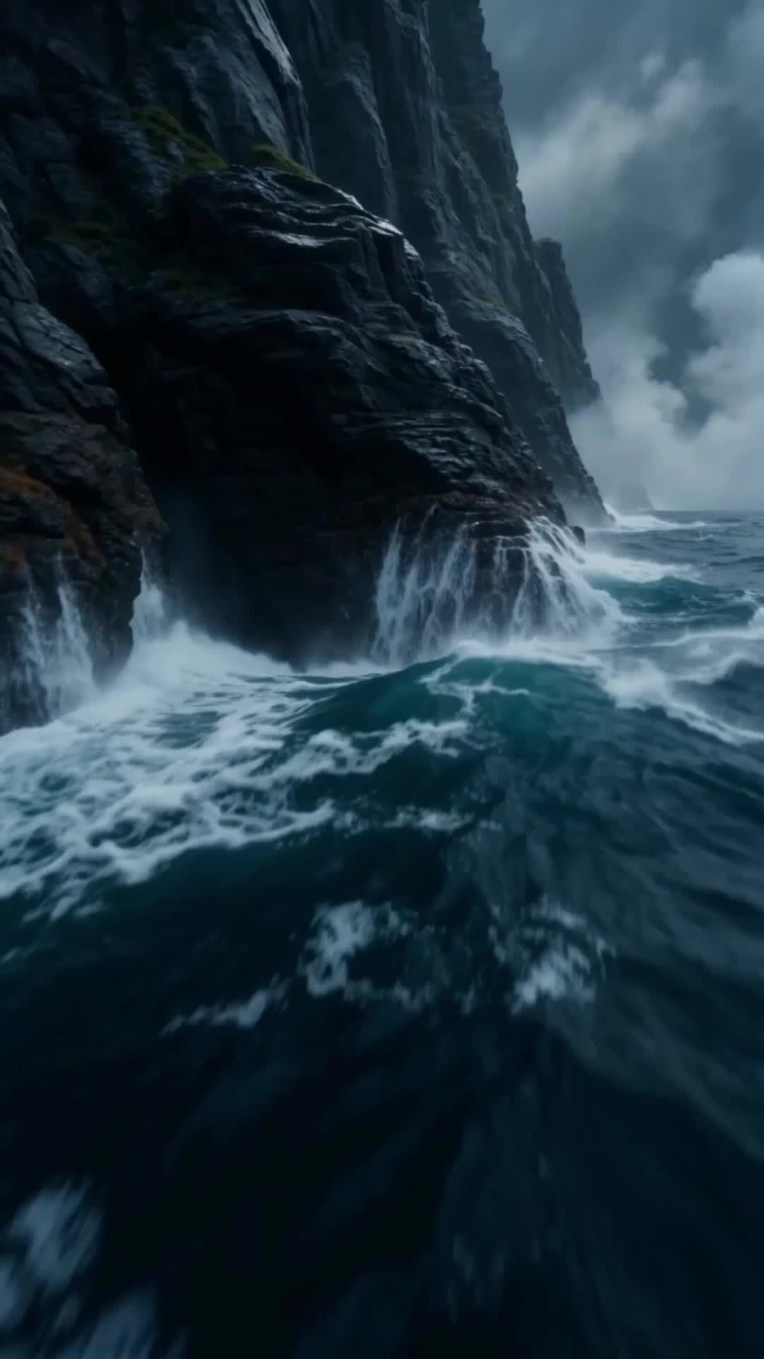 Dark cliffs and a rough sea under a storm sky