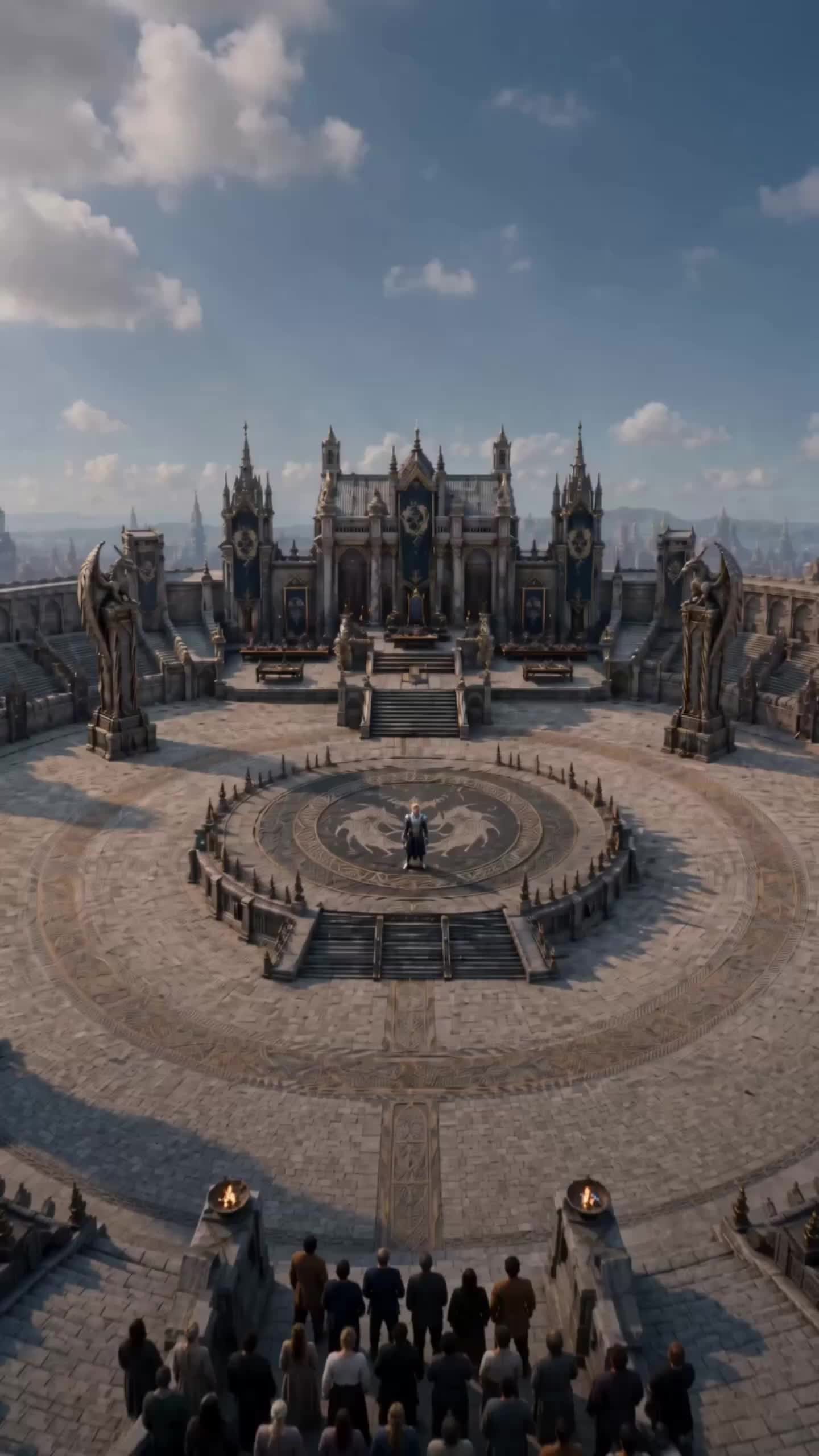 Circular arena seen from above with a single armored competitor standing in the central circle and the crowd’s backs