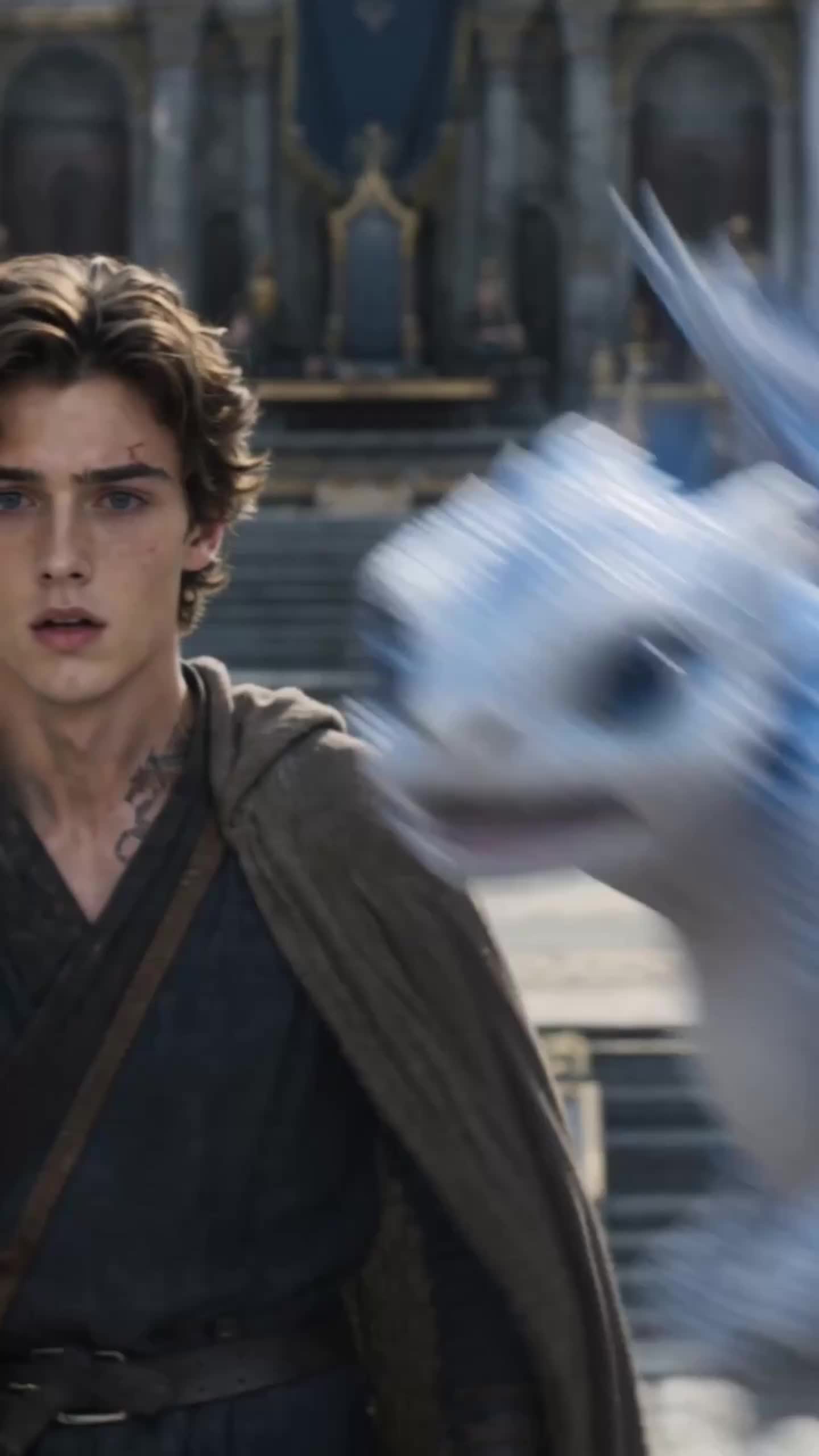 Owen Hale surprised by Akira, a small silver-blue dragon, flying beside him