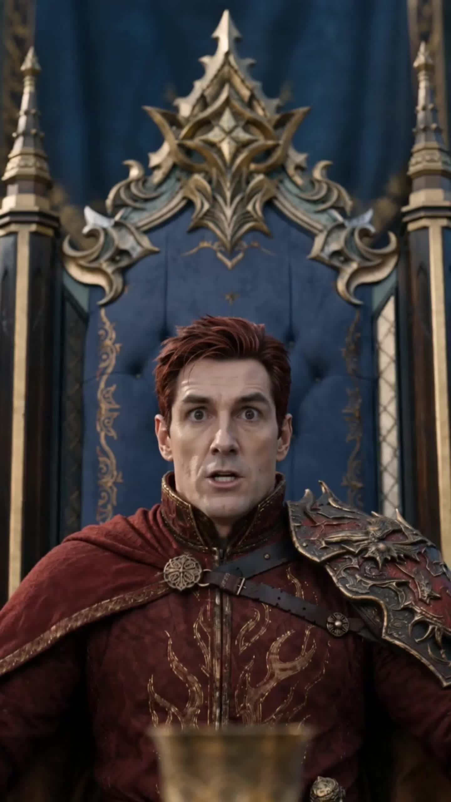 Red-haired man in a red robe with a dragon pauldron, sitting on a blue and gold throne with wide eyes
