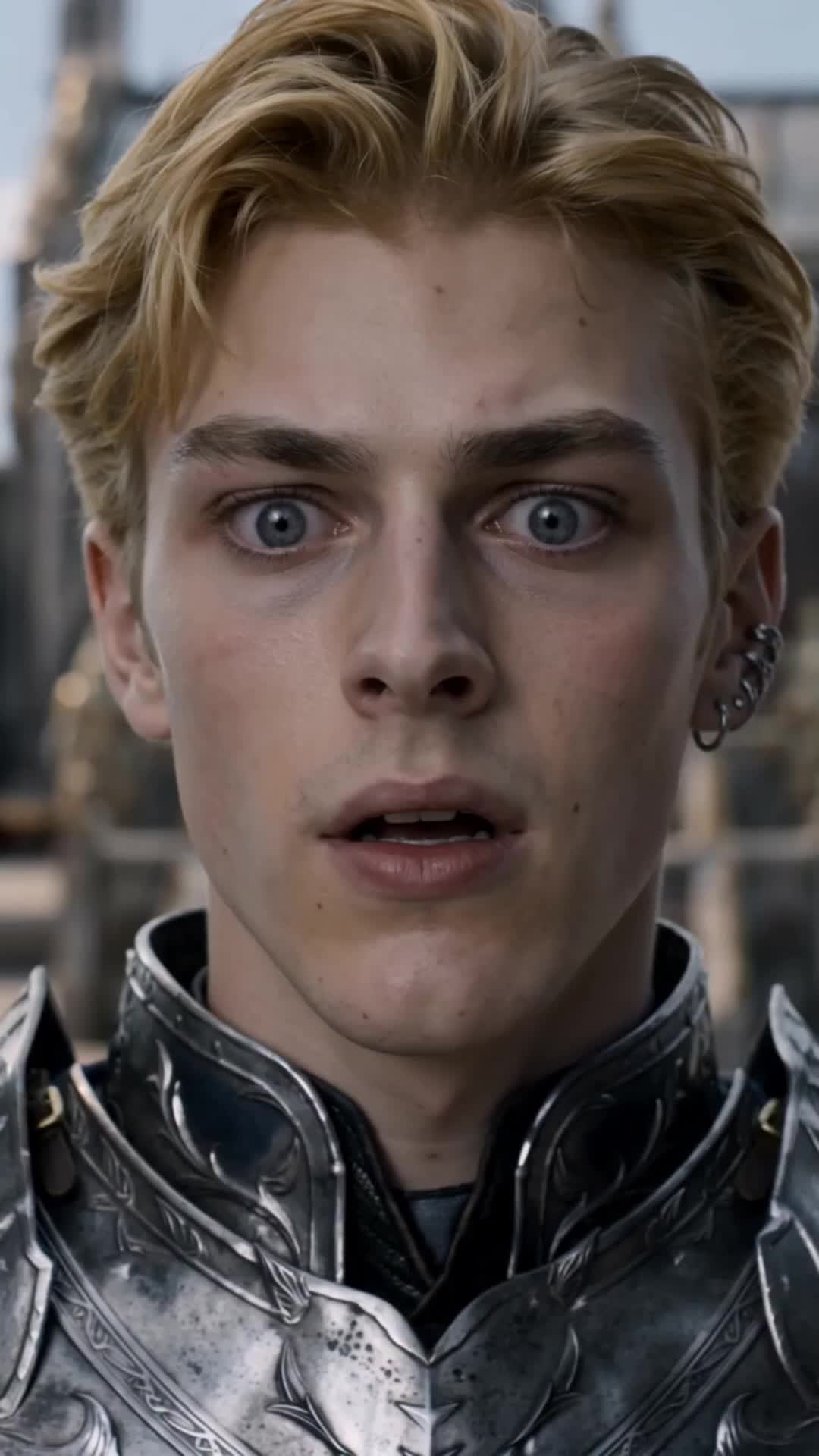 Close-up of Ellis Hale, blond, in silver armor with an earring, looking stunned