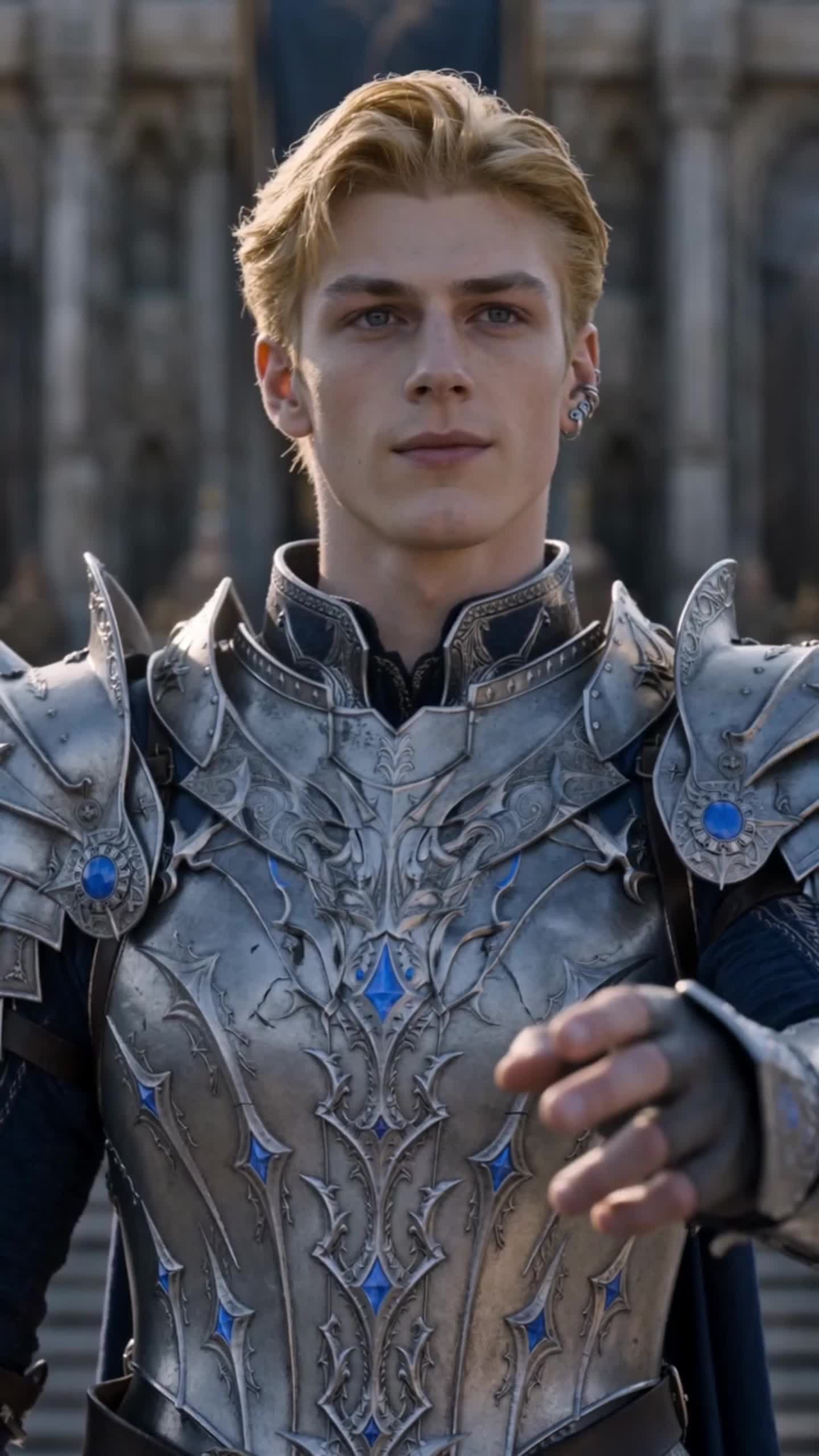 Ellis Hale in silver armor with blue jewels, smiling and holding out his hand in the arena