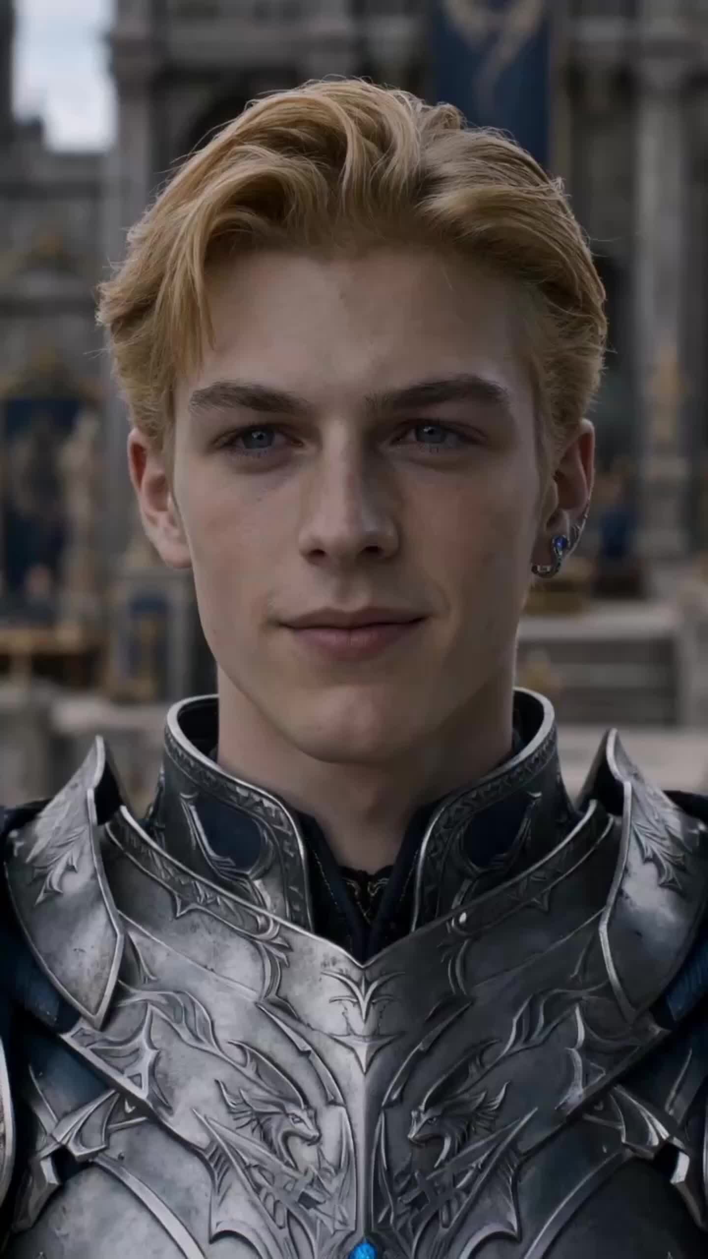 Ellis Hale smiling, in close-up, in silver armor embossed with dragons