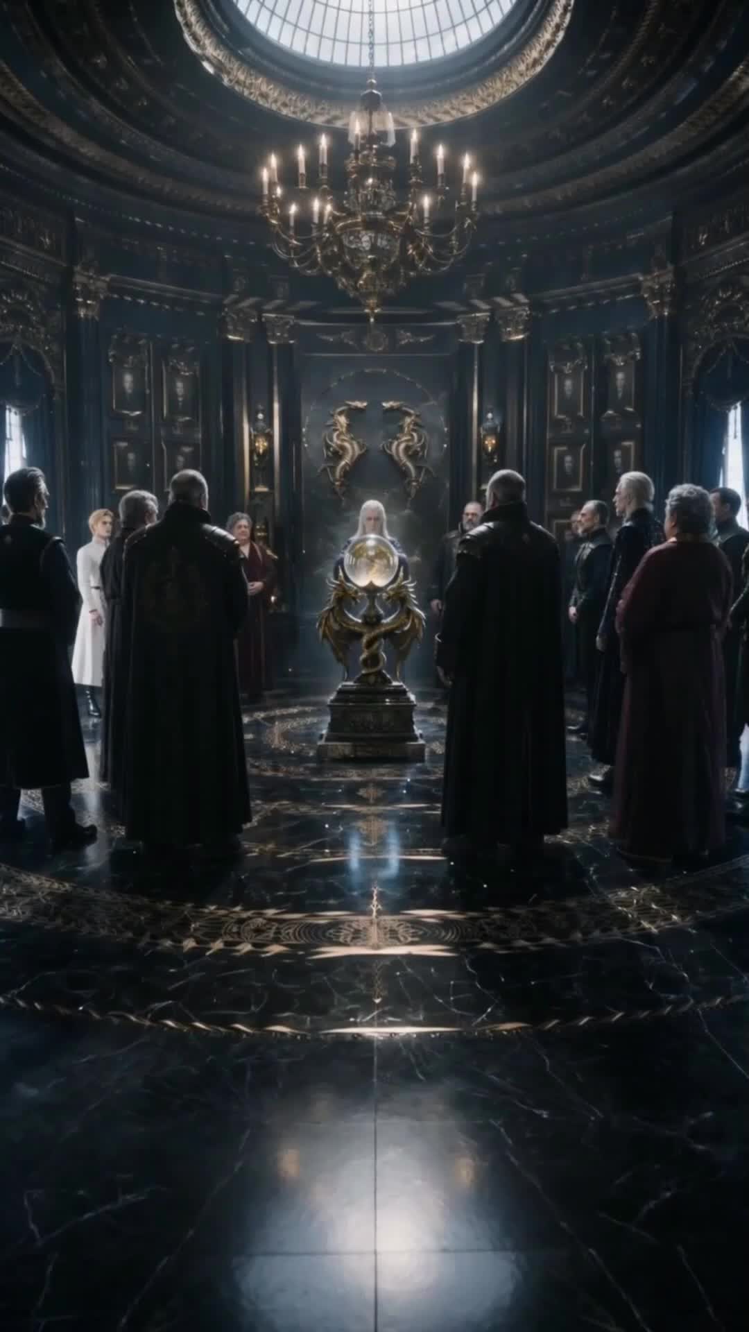 Dark domed hall with robed elders standing in a circle and a crystal orb glowing on a golden dragon-shaped pedestal