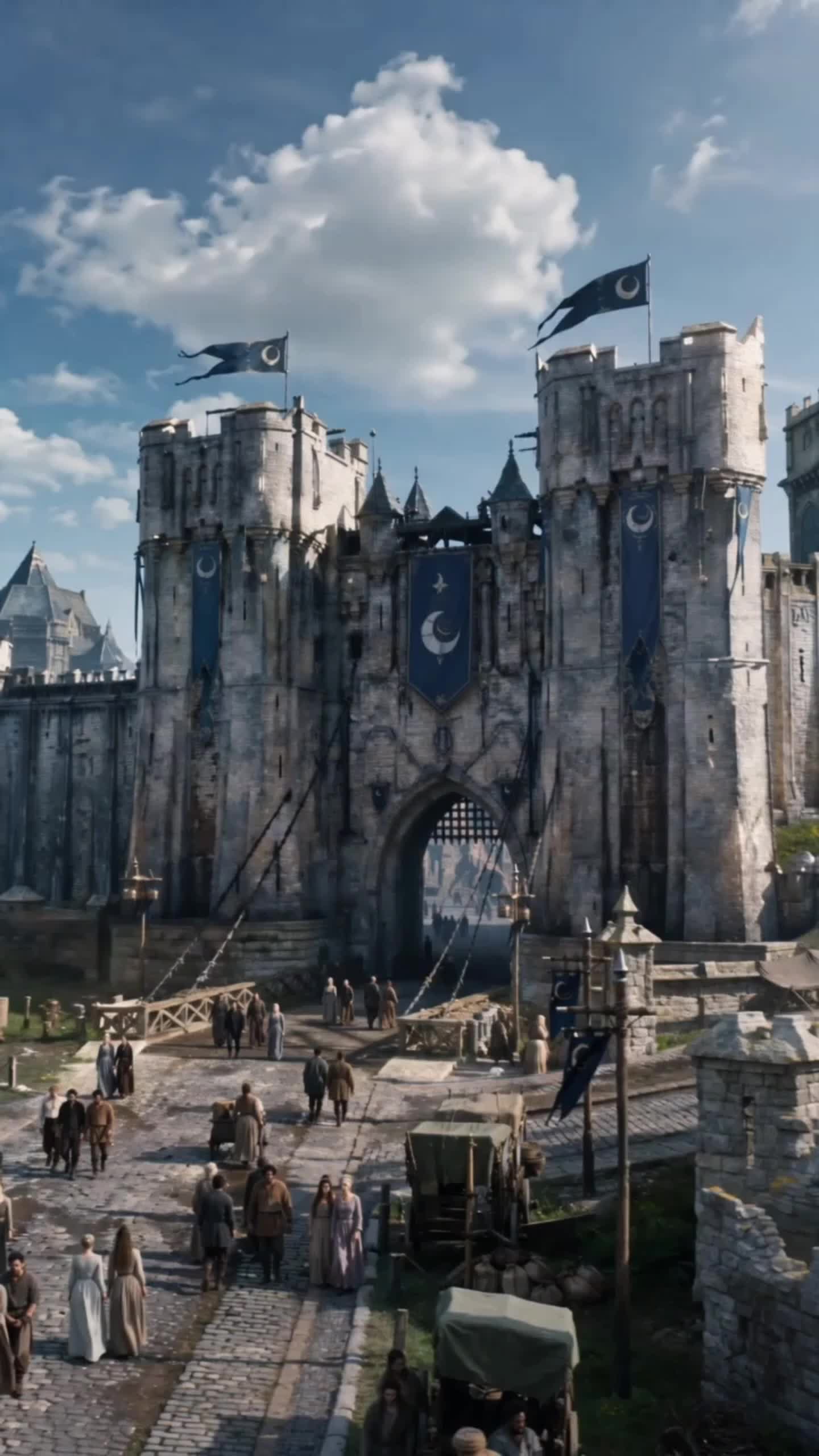 Stone gate of a walled city with blue crescent-moon banners and people on the road
