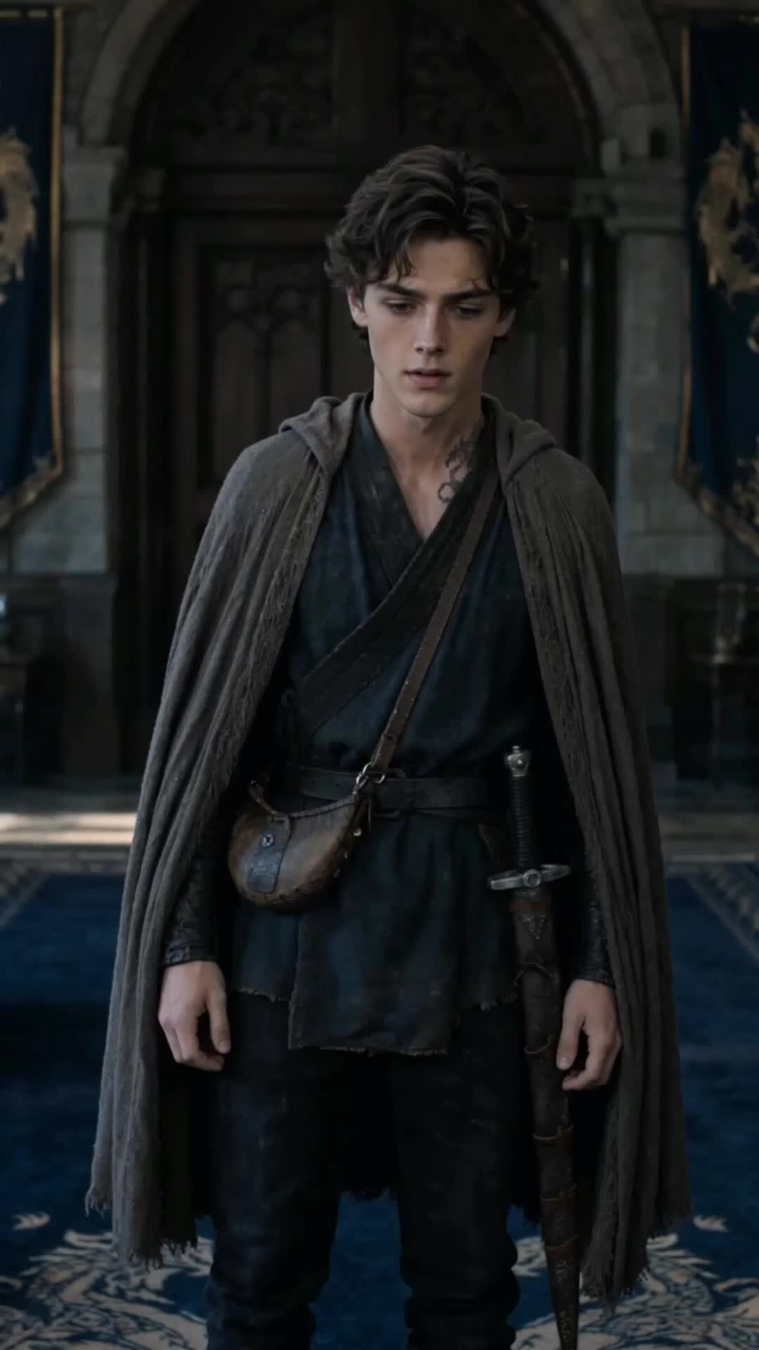 Owen Hale, a dark-haired young man in a grey cloak with a sword at his belt and a dragon mark on his chest, in a hall with blue banners