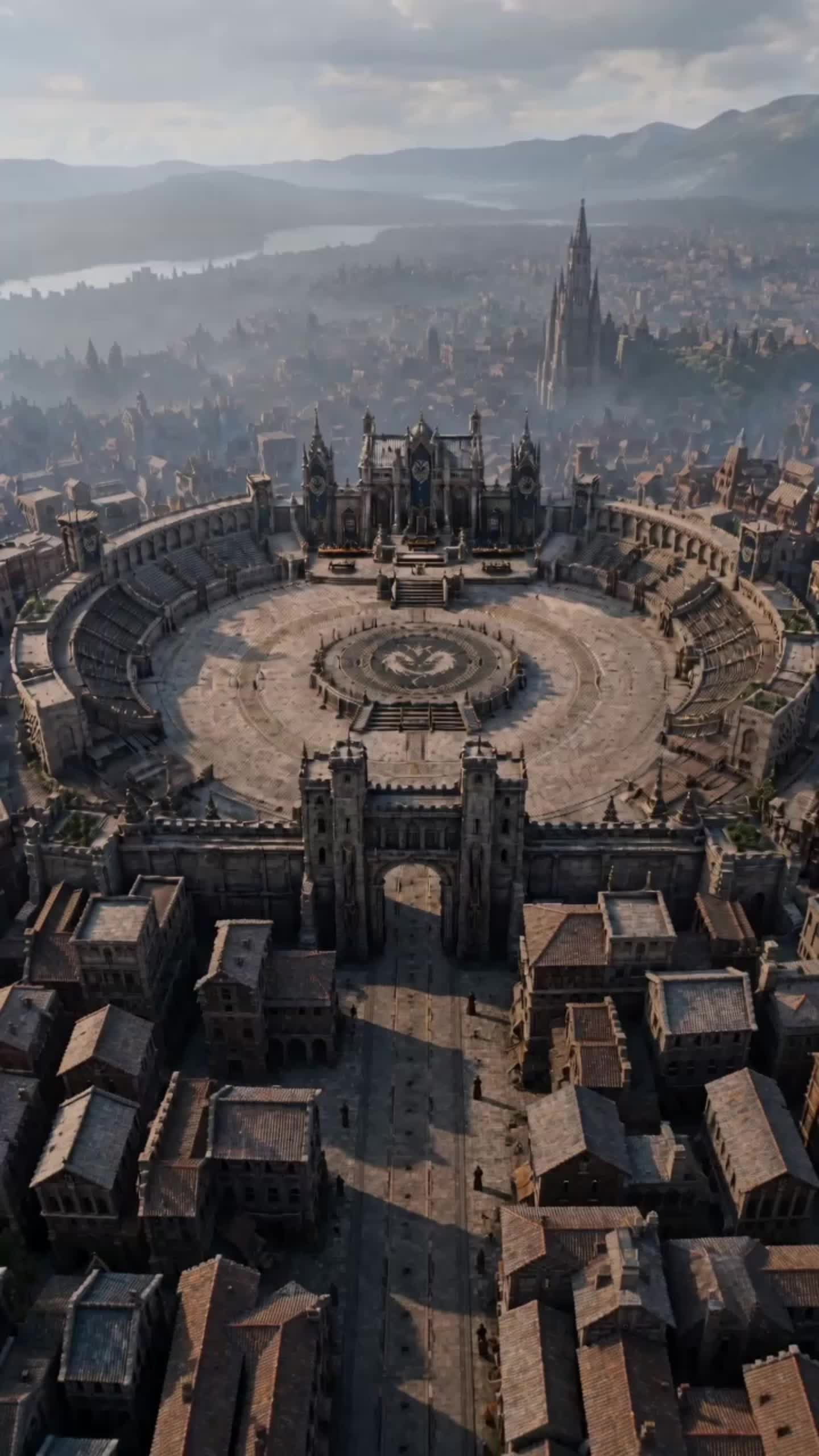 Aerial view of a circular stone arena with a dragon emblem at the center, surrounded by the city
