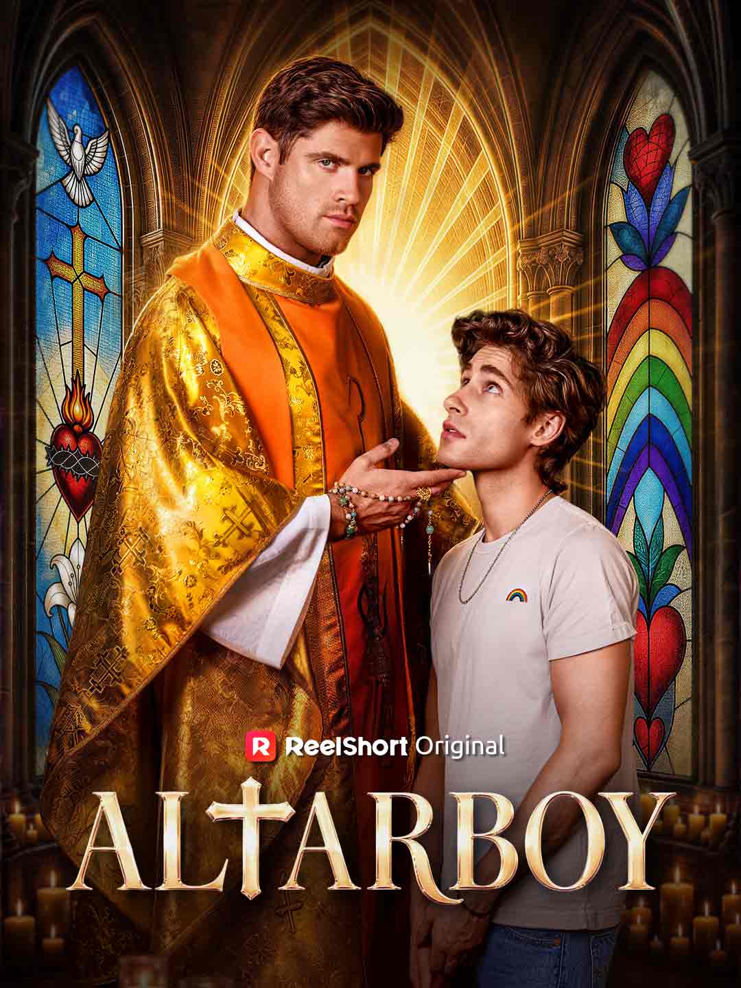 Cover of Altarboy: Father Alexander in gold and orange vestments, a rosary in his hand, lifts Theo Martin’s chin while Theo, in a white T-shirt with a rainbow patch, looks up at him between stained-glass windows in a candlelit church
