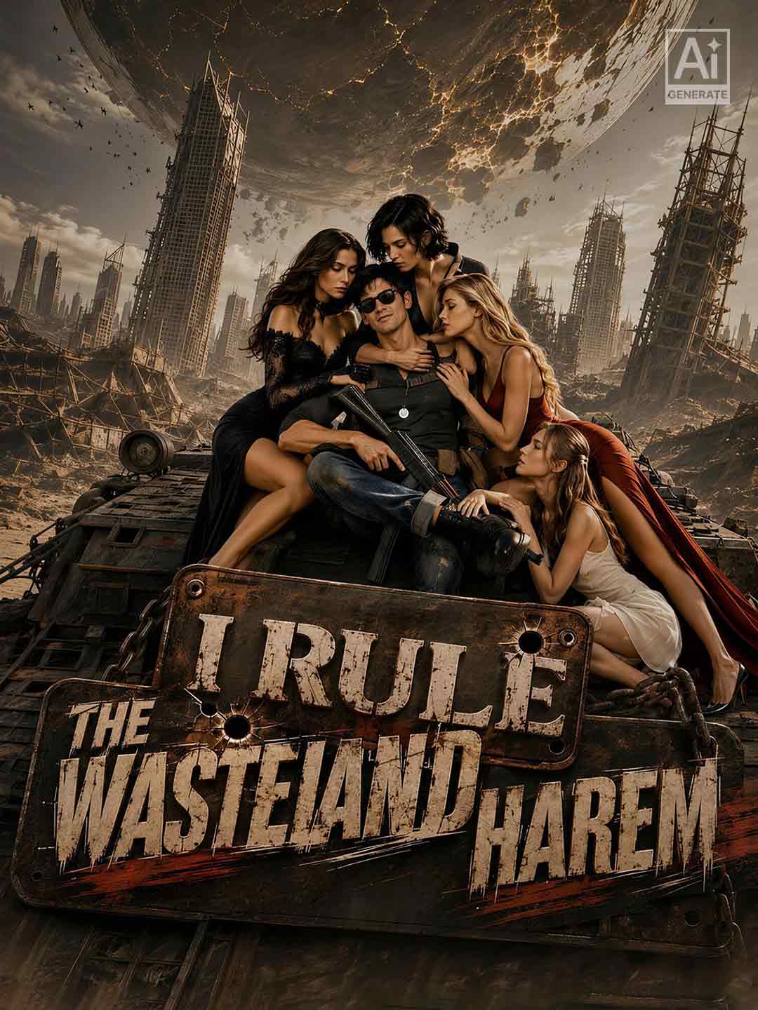 Cover of I Rule the Wasteland Harem: Wade in sunglasses with a rifle on his lap, sitting on a rusted armored vehicle with four women around him, one in a black lace dress, a short-haired brunette, a blonde in a red dress and one in a white dress at his feet, before a ruined city with a cracked planet in the sky