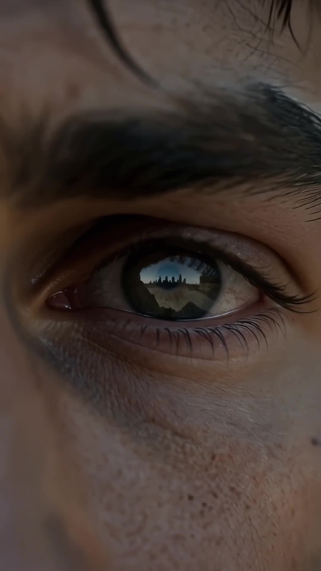 Extreme close-up of a brown eye under a thick eyebrow, with a ruined city skyline reflected in the iris against the sky