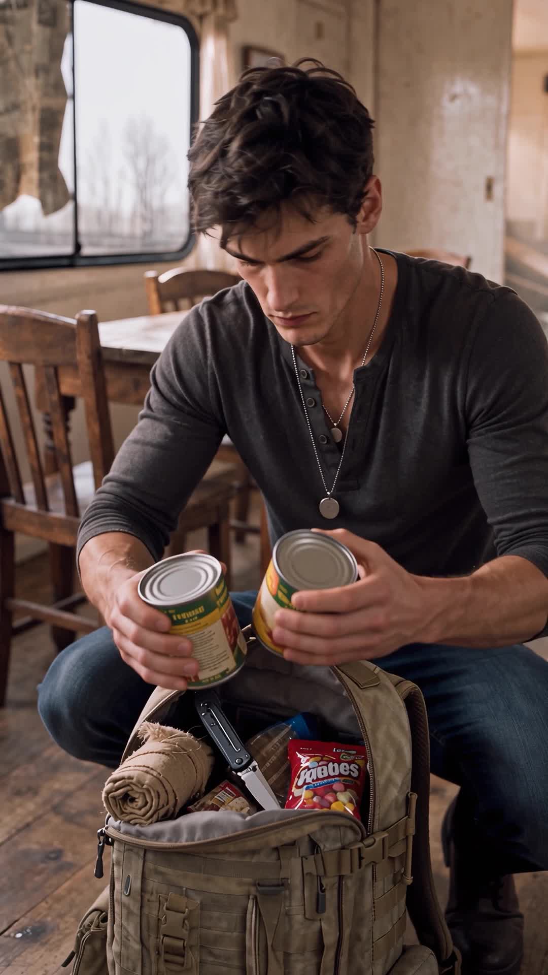 Wade sitting, in a grey shirt and medal necklace, pulling two cans of food out of a tactical backpack open on the floor, with a pocketknife, a rolled blanket and a bag of candy inside; a wooden table and chairs behind