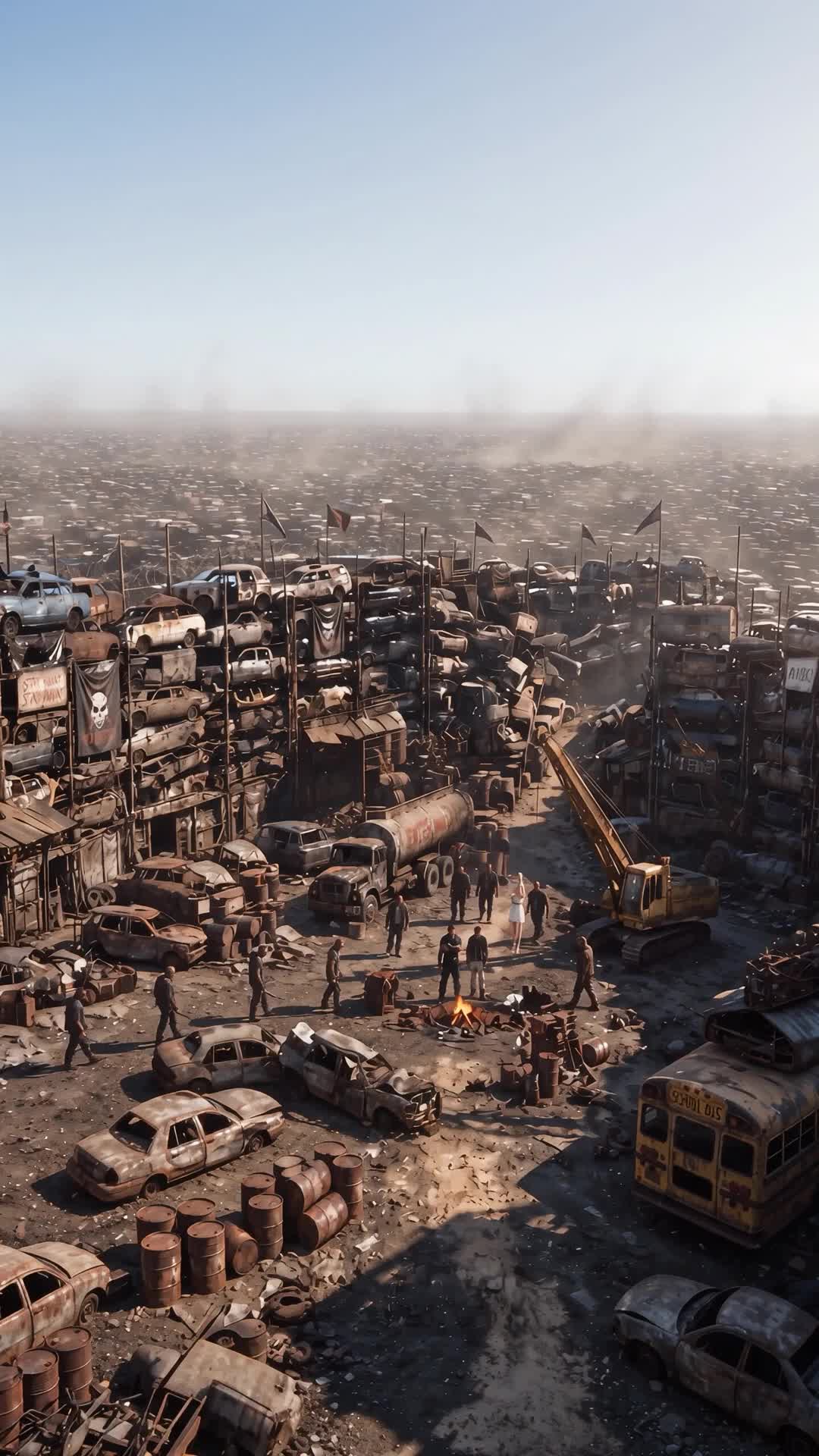 Aerial view of a junkyard fortress: walls of stacked cars with flags and a skull banner, a yellow crane, rusted barrels, a school bus and a group of men around a bonfire on a plain of scrap