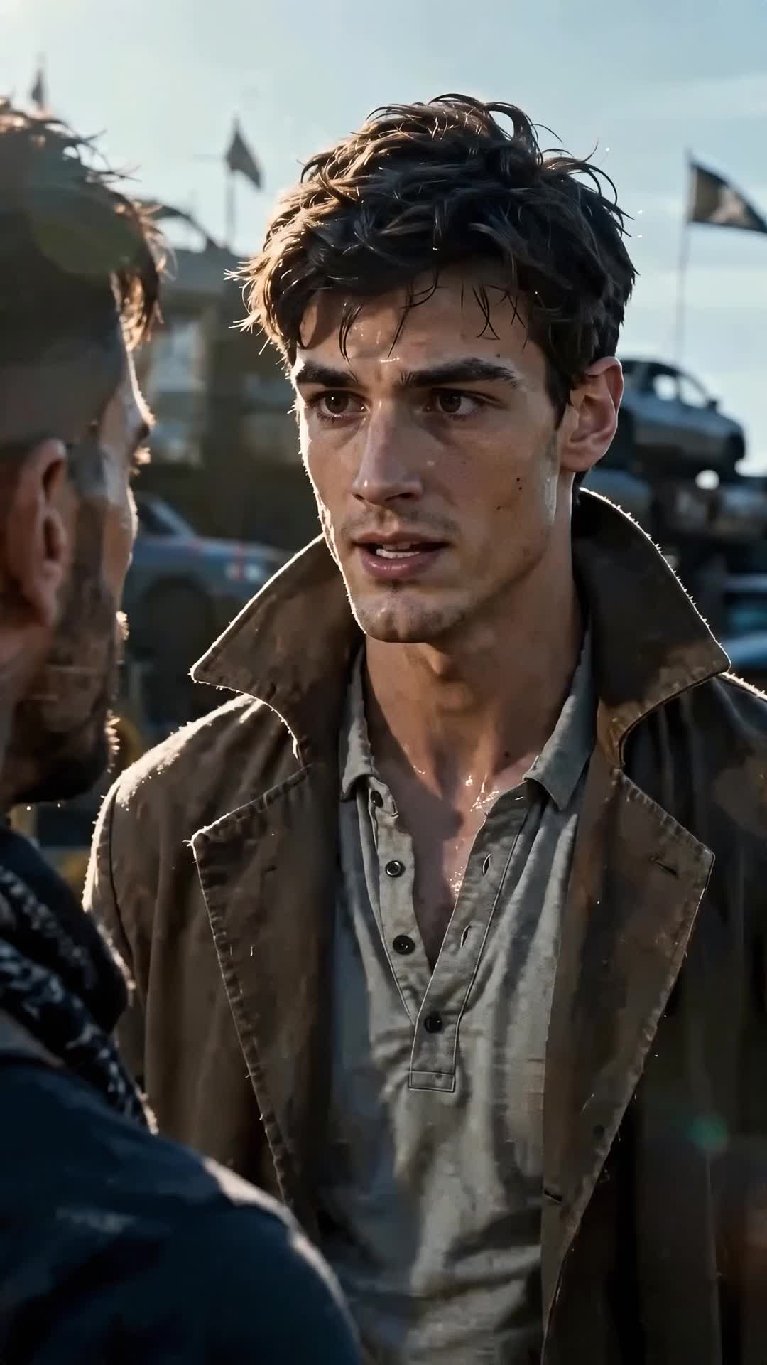 Wade in a brown coat and light shirt, sweating, facing a bald man with a scarf around his neck seen from behind, with flags and stacked cars in the background