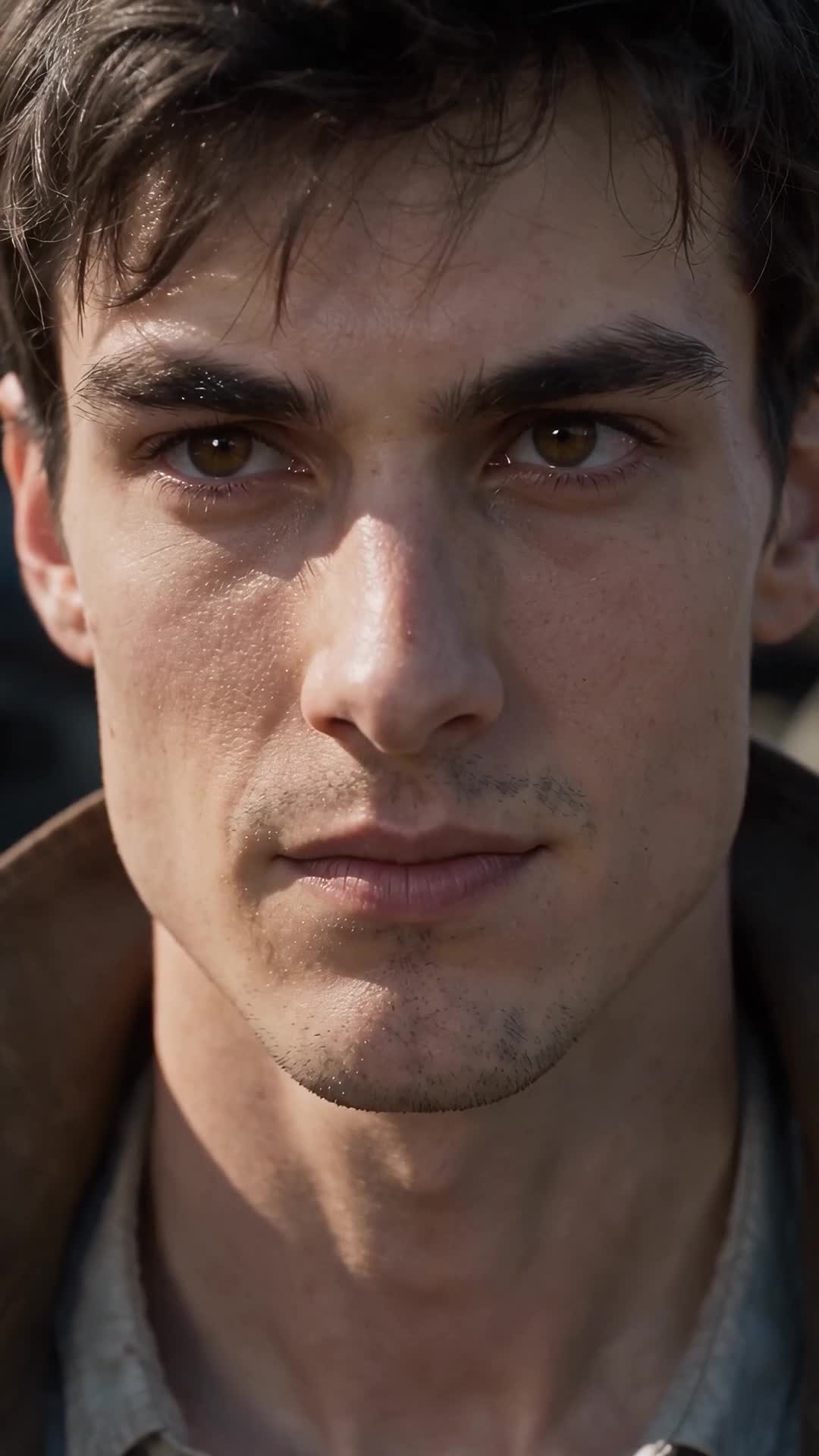Extreme close-up of Wade’s face, messy black hair, thick eyebrows, brown eyes and stubble, with the collar of a brown coat on his shoulders and a blurred background