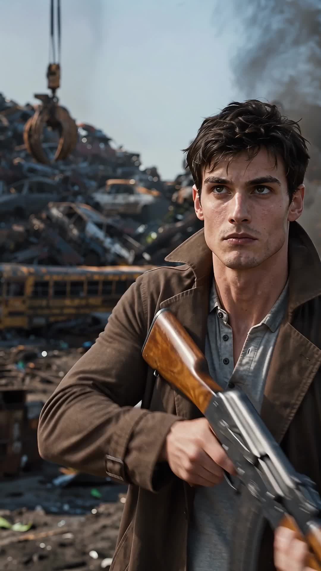 Wade in a brown overcoat and grey shirt, a wooden-stocked rifle in his hands, looking up in a junkyard with a mountain of crushed cars, a crane grapple, a yellow school bus and dark smoke