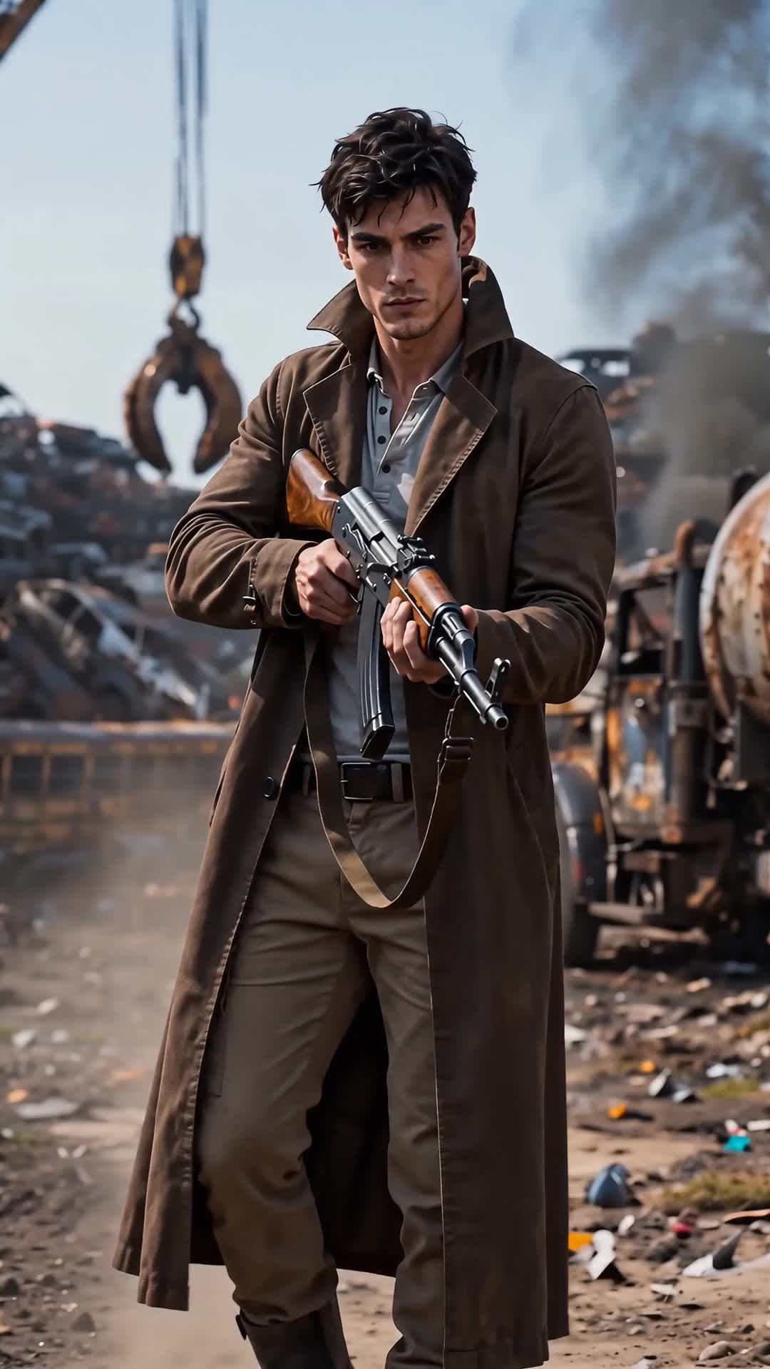 Wade standing in a junkyard, in a long brown overcoat and beige trousers, holding a rifle with a wooden stock, with a crane grapple and smoke behind him