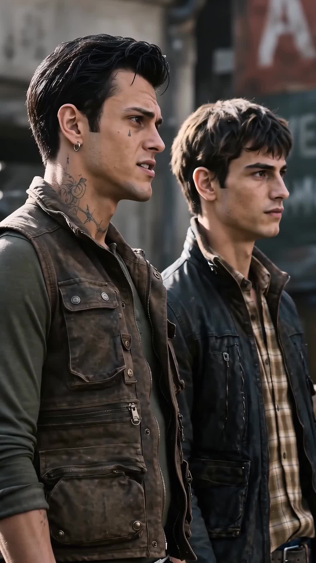 Two young men in profile on a street: one with slicked-back black hair, a hoop earring and a neck tattoo, in a brown vest over an olive shirt; the other with brown hair, a black jacket over a plaid shirt