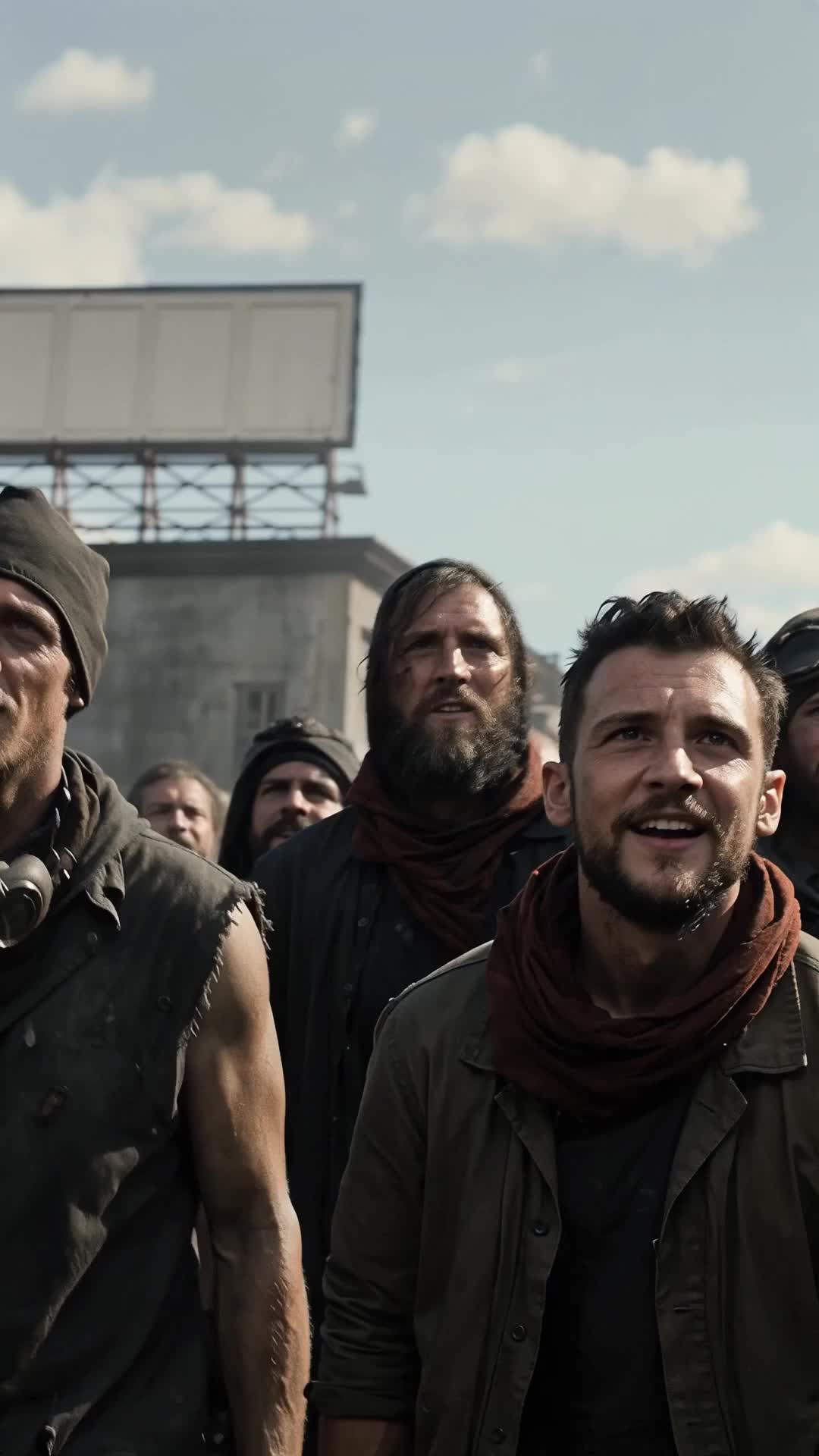 A crowd of ragged men on open ground under a blank billboard: one in a beanie and torn vest, a bearded one in a red scarf, another one smiling, all looking up