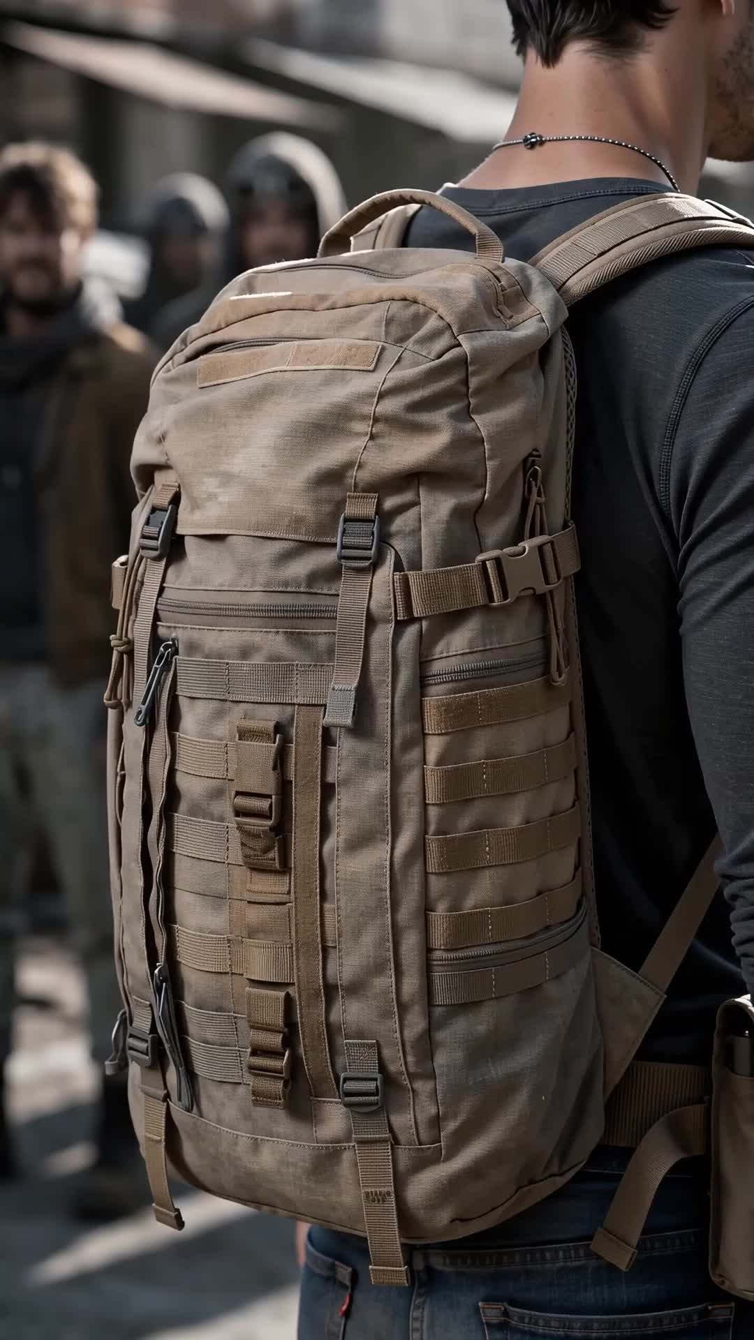 Wade from behind, in a grey shirt and necklace, with a light-brown tactical backpack covered in buckles, and three blurred men looking at him on a street of rubble