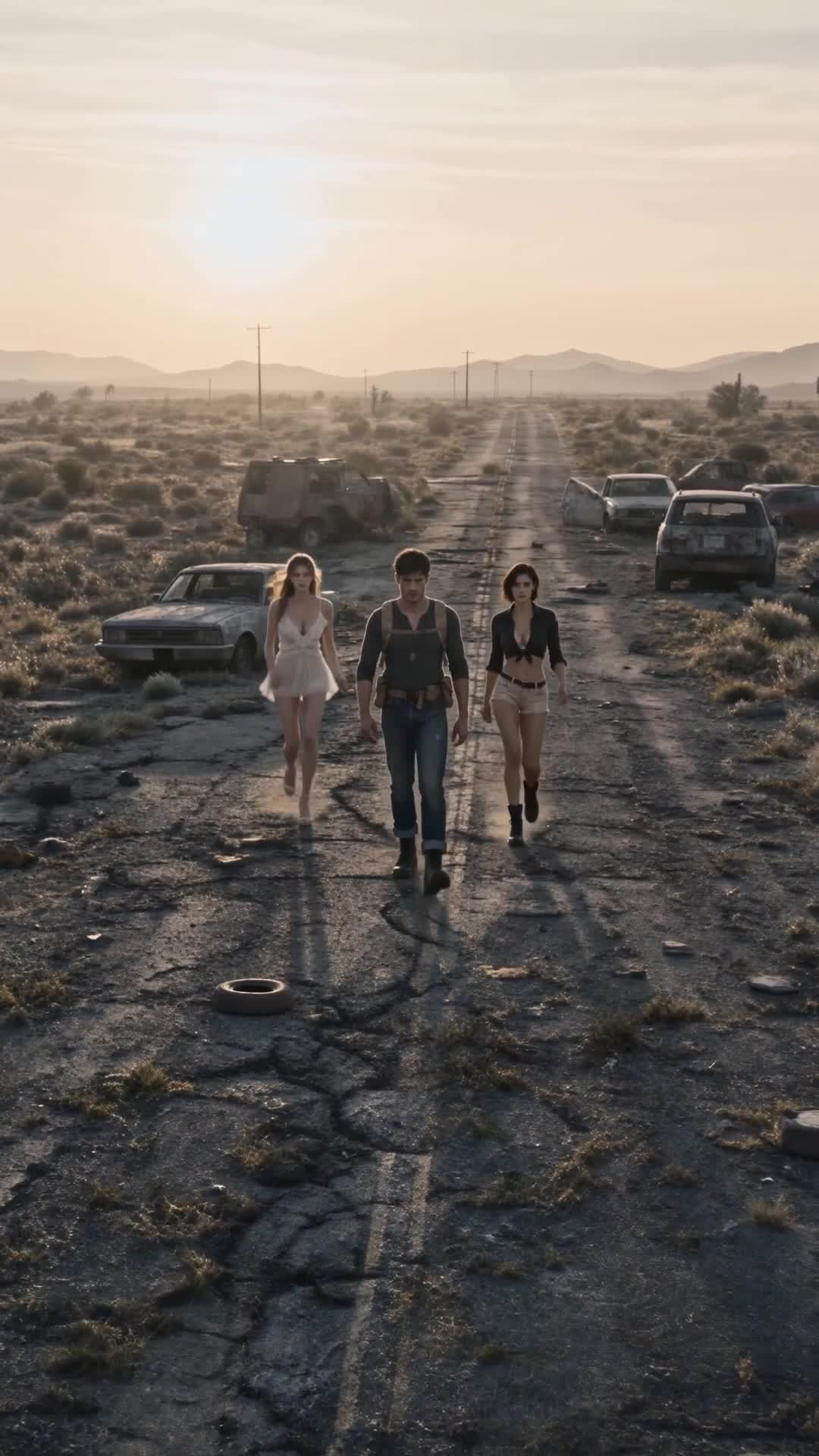 Wade walks down the middle of a cracked desert road between a blonde in a short white dress and a short-haired brunette in a tied black top and shorts; abandoned cars and poles behind them, low sun