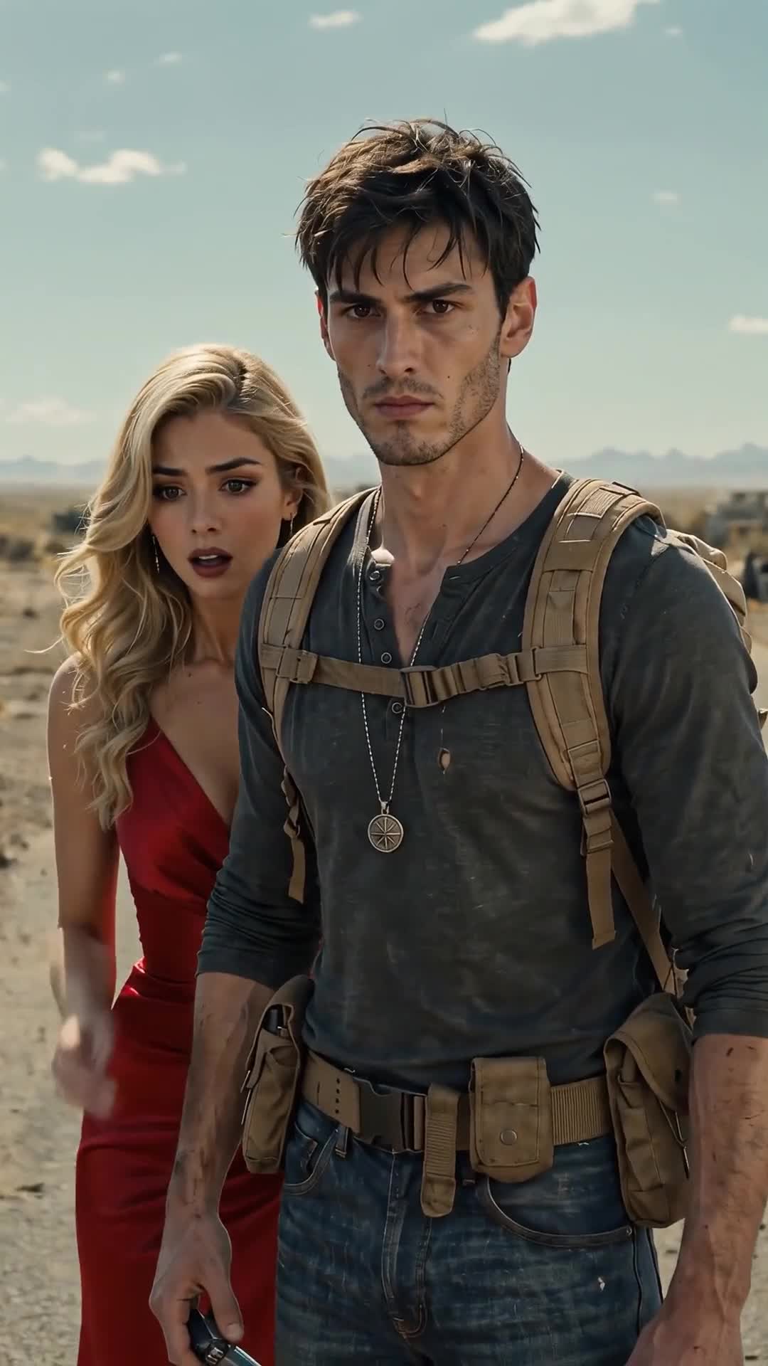 Wade in a grey shirt, tactical backpack and medal necklace looking ahead with a stern face, while a blonde in a red dress behind him widens her eyes and opens her mouth; desert and blue sky behind