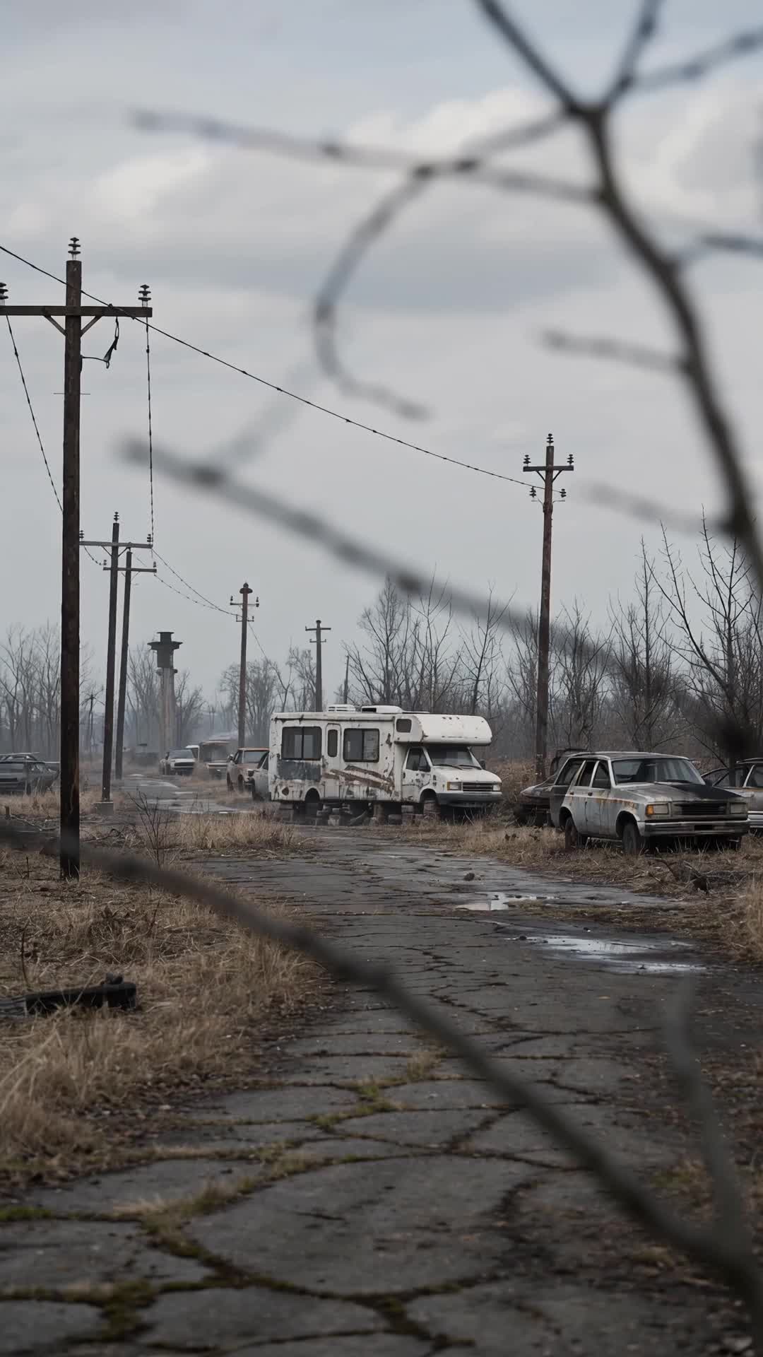 A cracked road with fallen light poles, a rusted white trailer and abandoned cars in dry brush, seen through bare branches under an overcast sky
