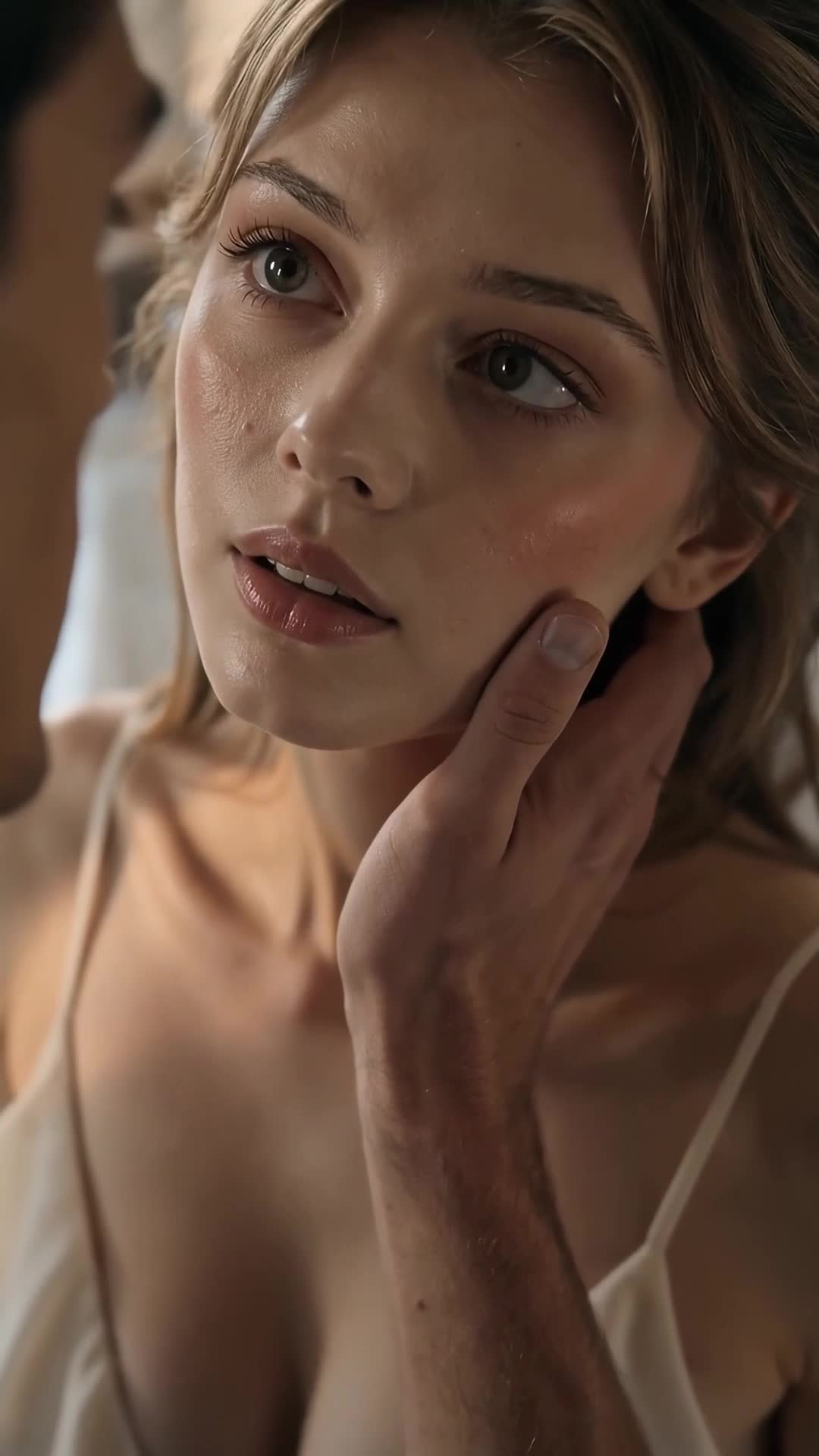 Close-up of Margaret’s face, light-brown hair pinned up and a white strappy nightgown, looking up with parted lips while a man’s hand holds her face