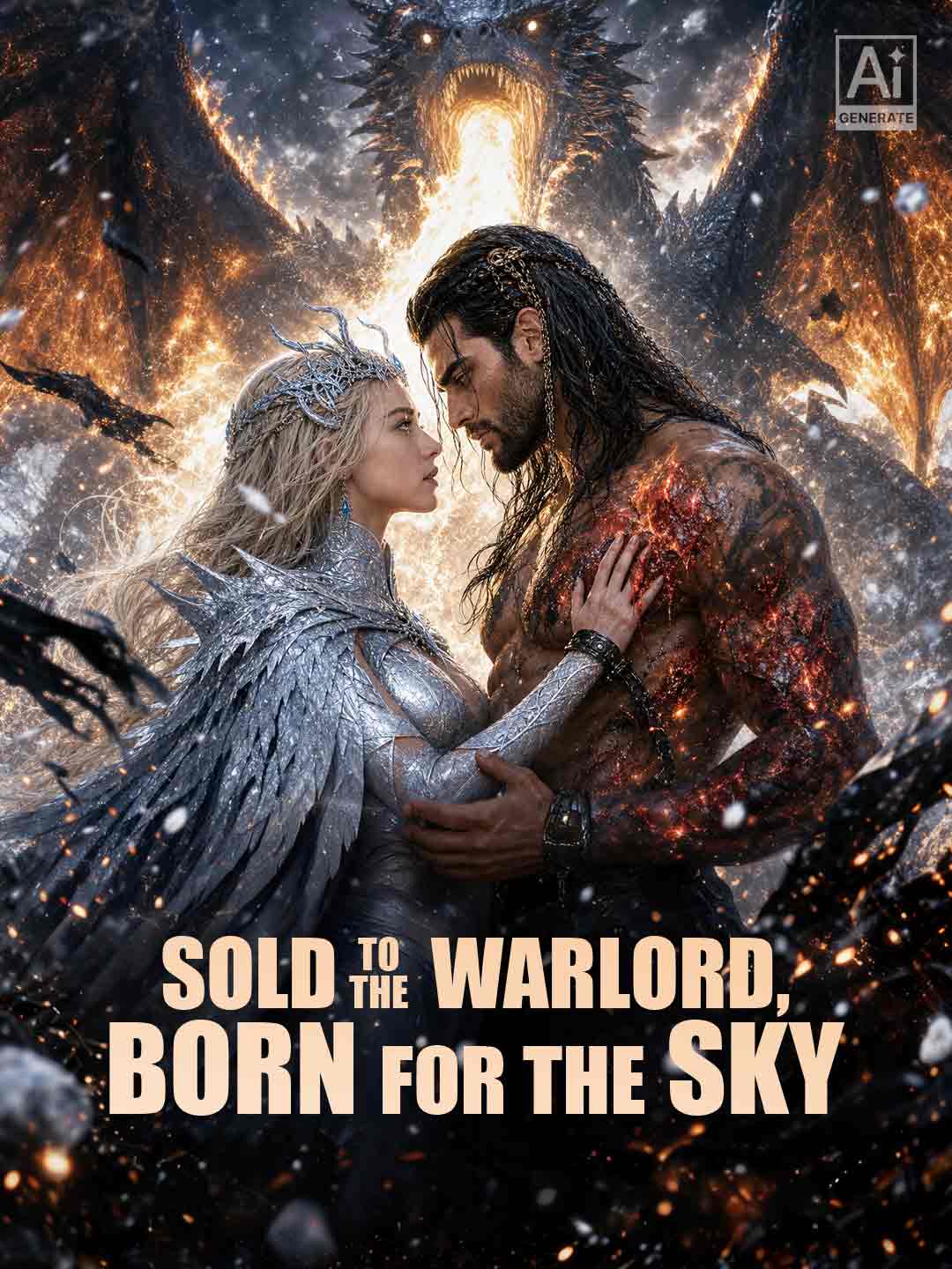 Cover of Sold to the Warlord, Born for the Sky: Cassia in a silver thorn crown and a gown of silver scales, face to face with Ravek, long black hair, bare chest cracked with glowing fire and an iron cuff on his wrist, a black dragon breathing fire behind them in the snow