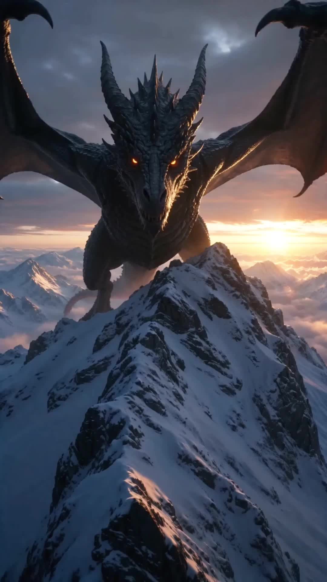A black dragon with orange eyes, wings spread and jaws parted, perched on a snowy peak above the clouds at sunset