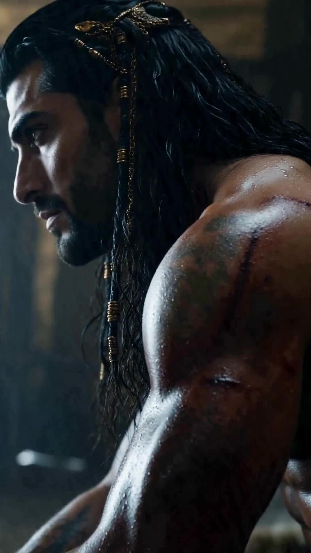 Ravek in profile, wet black hair bound with gold rings and chains, bare shoulder and arm covered in scars and fresh cuts, in a dark room