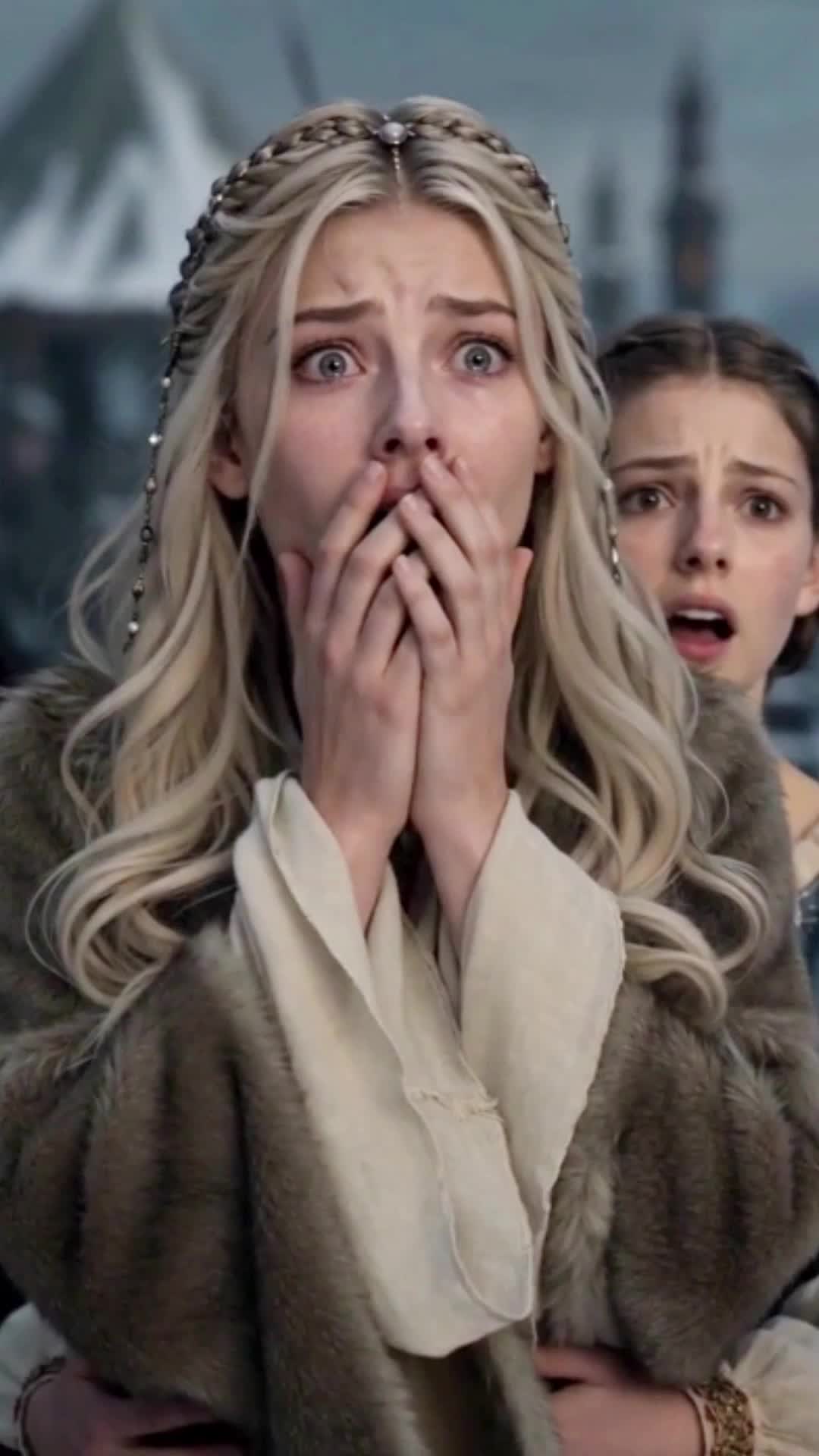 Cassia wide-eyed with both hands over her mouth, in a fur cloak over a pale dress and a pearl hair chain; behind her a young brunette woman, mouth open in fright, and snow-covered roofs and towers