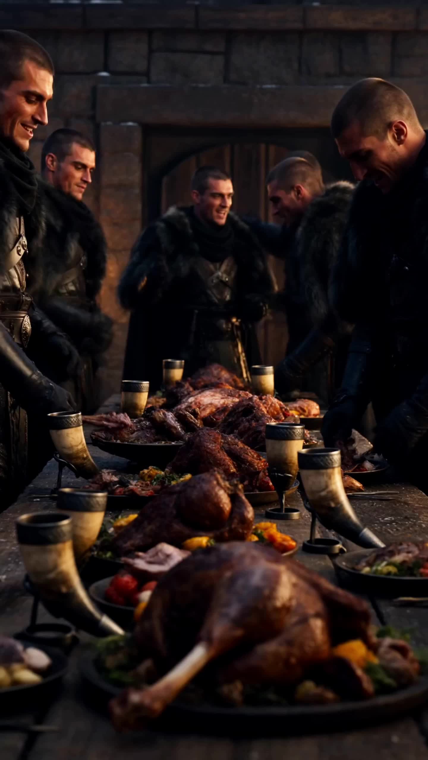 Warriors with shaved heads, in black fur and leather, laughing around a table covered in roasted meat, vegetables and drinking horns, in a stone courtyard
