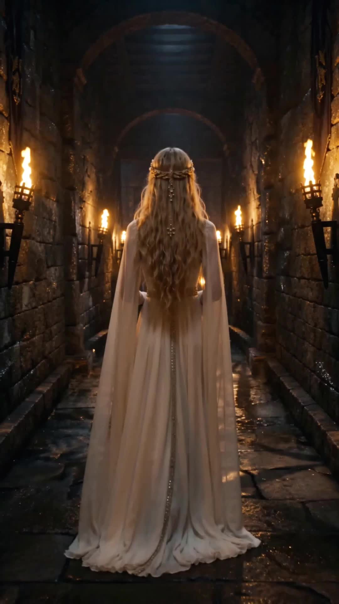 Cassia from behind in a long white gown with a sheer cape, blonde hair loose to her waist under a thin pearl circlet, walking down a wet stone corridor lit by torches on both sides