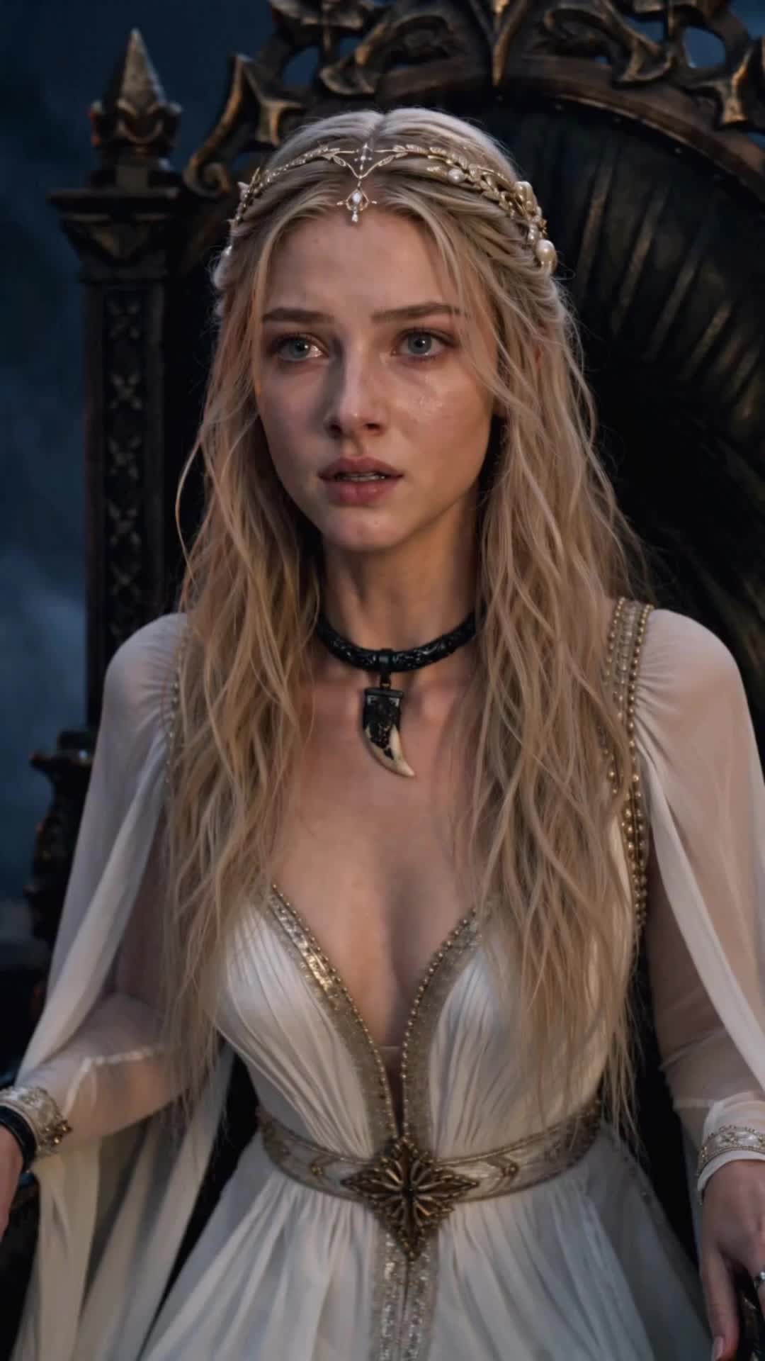 Cassia seated on a tall carved black throne, in a white gown with gold trim, a thin pearl circlet and a black choker with a fang pendant, eyes brimming and lips parted, dark clouds behind her