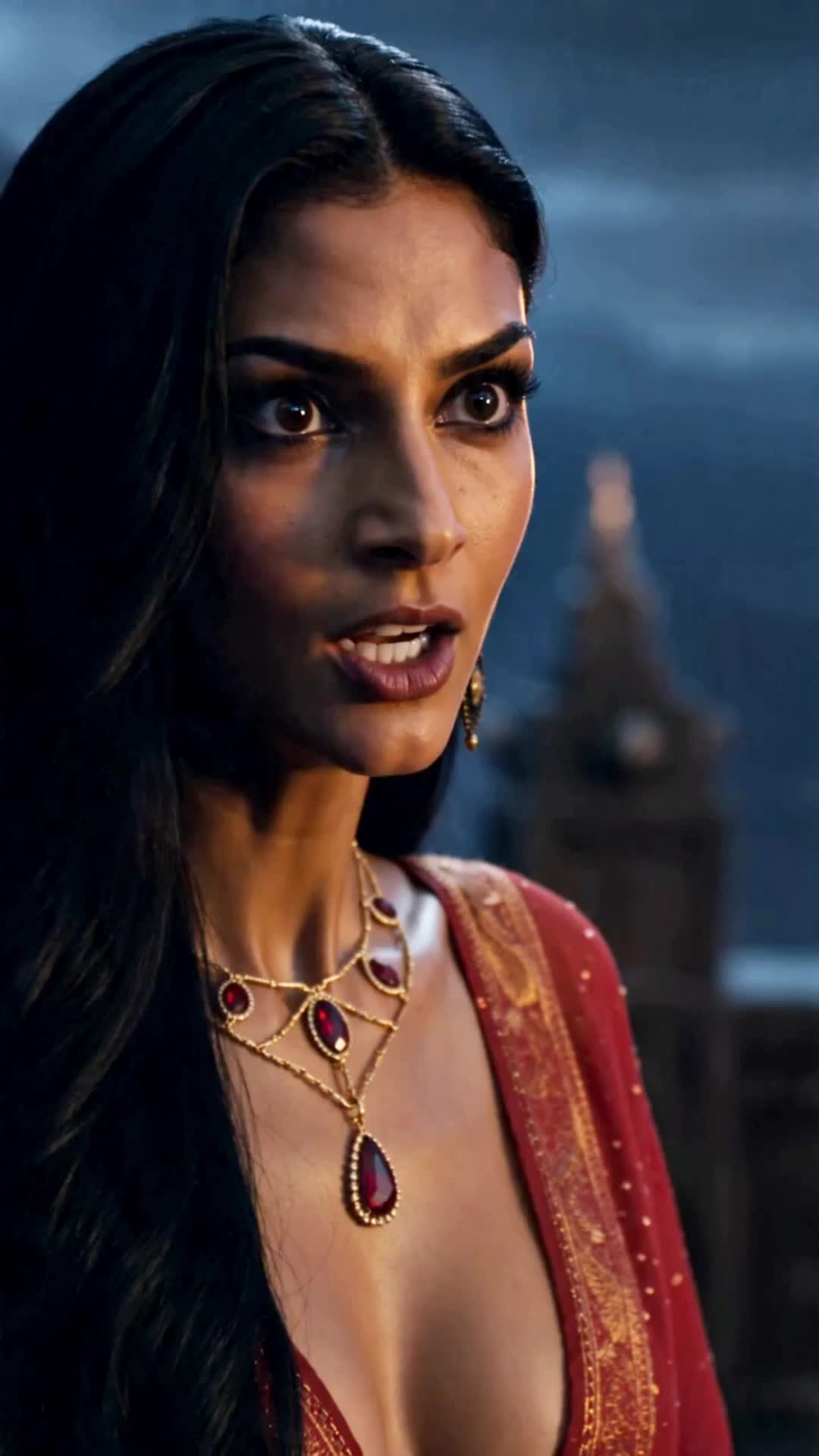 A woman with straight black hair in a red dress, a gold necklace set with rubies and a drop earring, mouth open and eyes wide, before a castle tower under a clouded sky