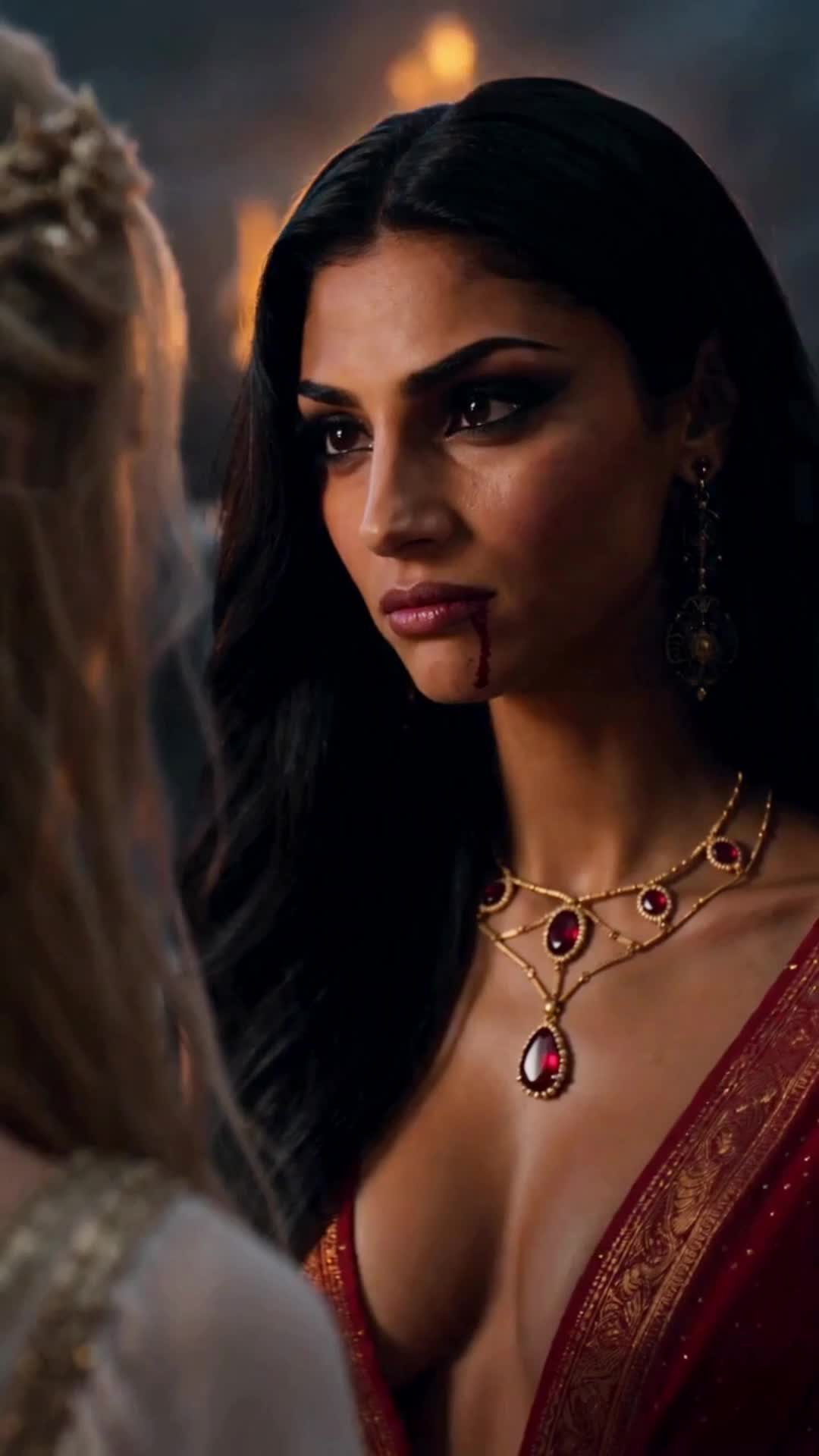 A woman with straight black hair, a low-cut red dress and a gold-and-ruby necklace, staring at Cassia from up close with a trickle of blood at the corner of her mouth; Cassia seen from behind, out of focus, with fire in the background