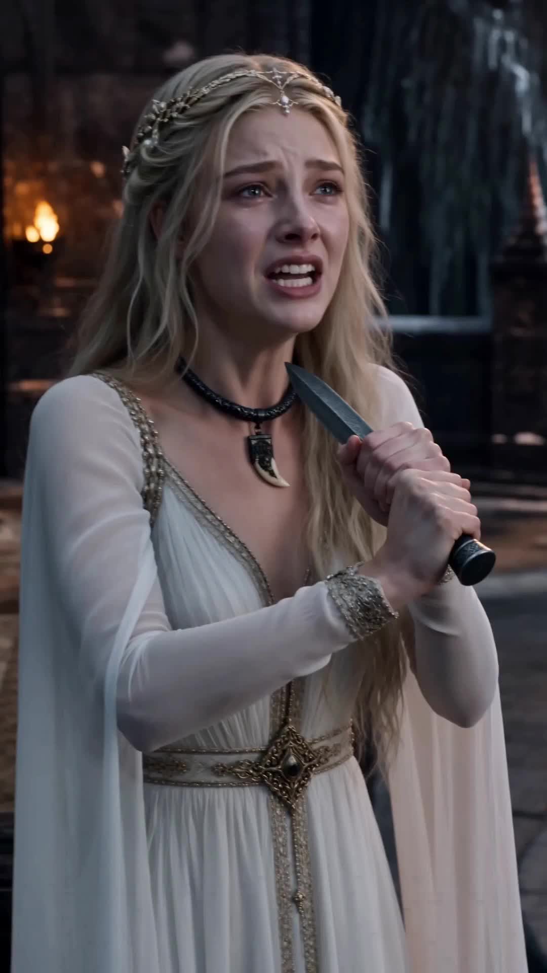 Cassia standing in a white gown with gold details and a black fang choker, gripping a dagger in both hands, point up, her face contorted and wet with tears, before a stone wall with a lit torch