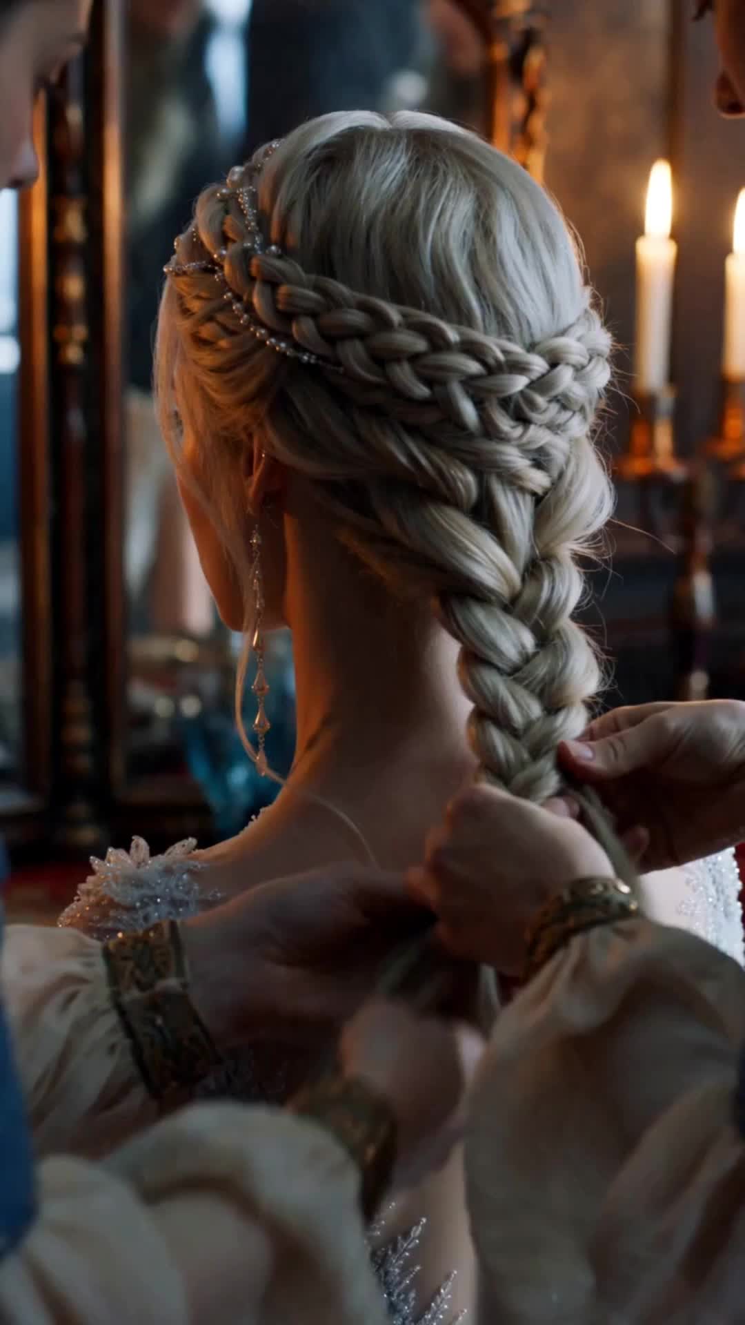 Cassia from behind, her blonde hair braided into a crown threaded with pearls while two hands finish the long braid; lit candles and a mirror in the background