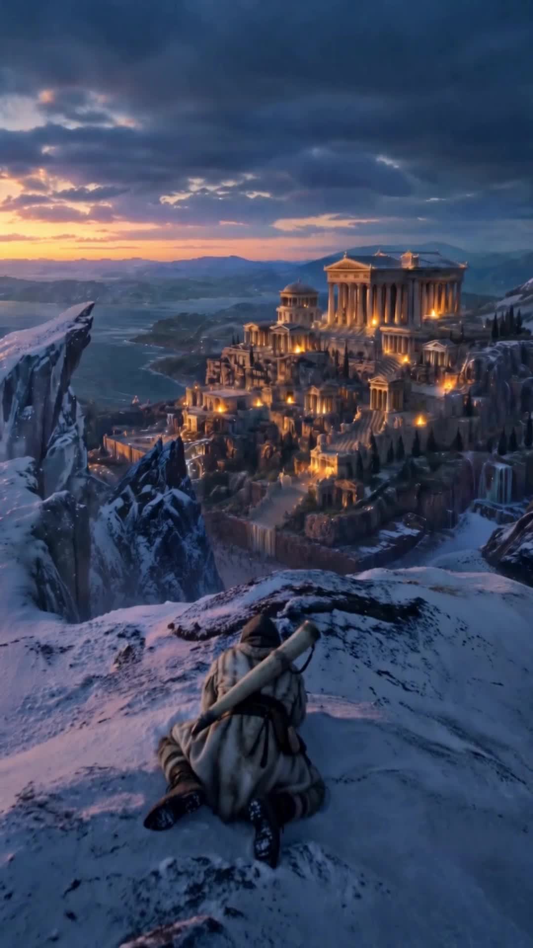 A hooded figure in a fur coat, a leather tube on the back, kneeling on a snowy ridge above a city of marble temples and columns lit by fire, with the sea and mountains behind, at dusk