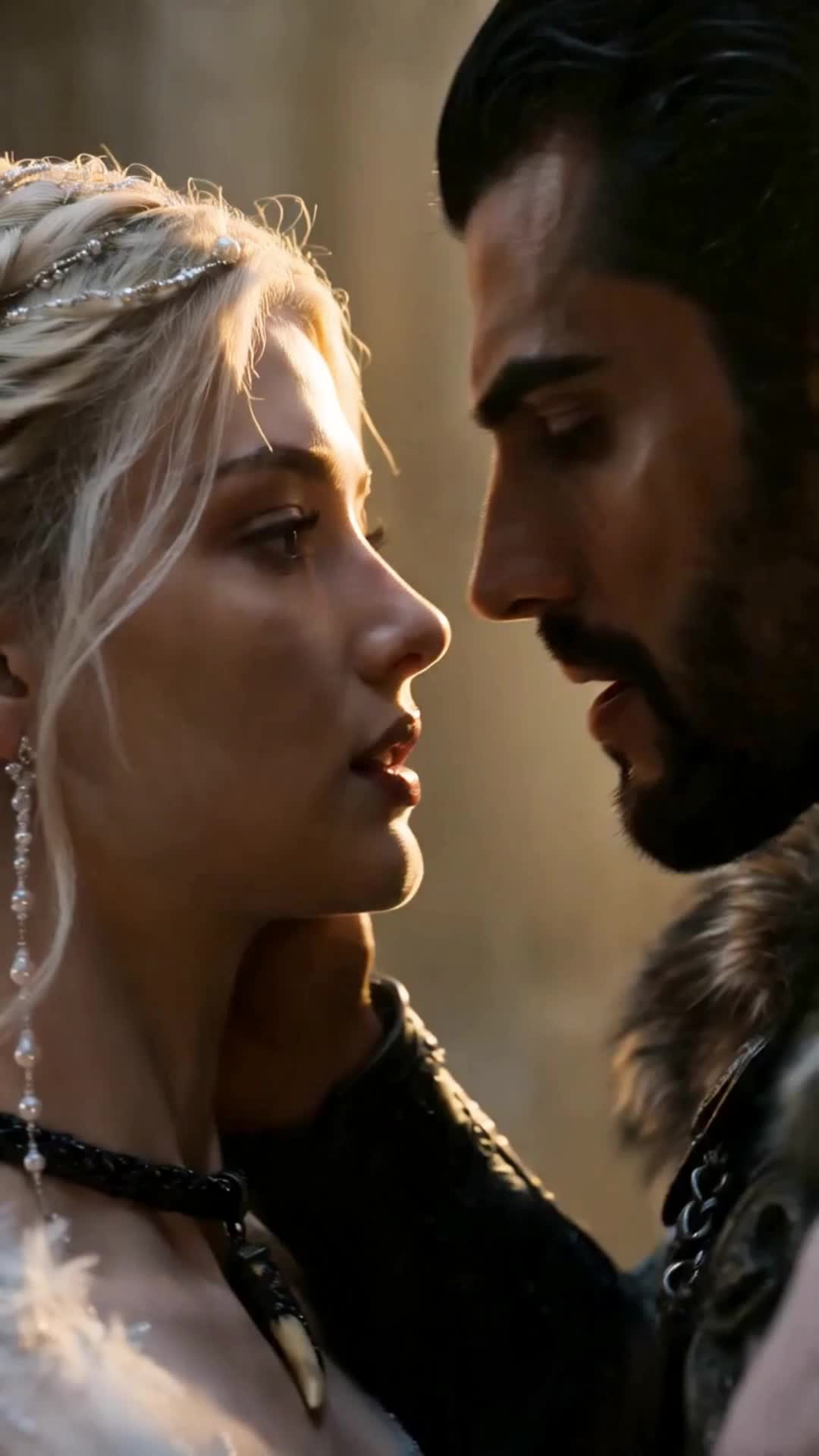 Cassia, with a pearl hair chain, a long earring and a black choker with a fang pendant, chin raised and inches from Ravek, bearded, in a fur collar, in golden backlight