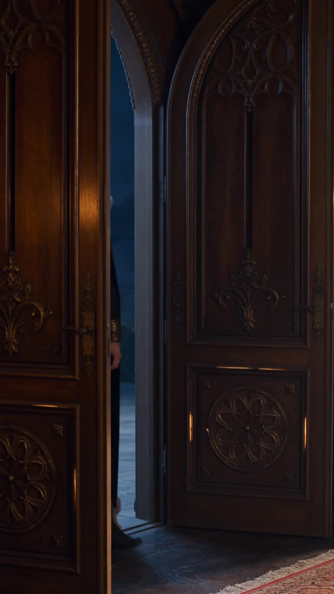 A carved dark wooden double door standing ajar, a figure in dark clothes with gold cuffs half visible in the gap against the blue light of night; a red carpet on the floor