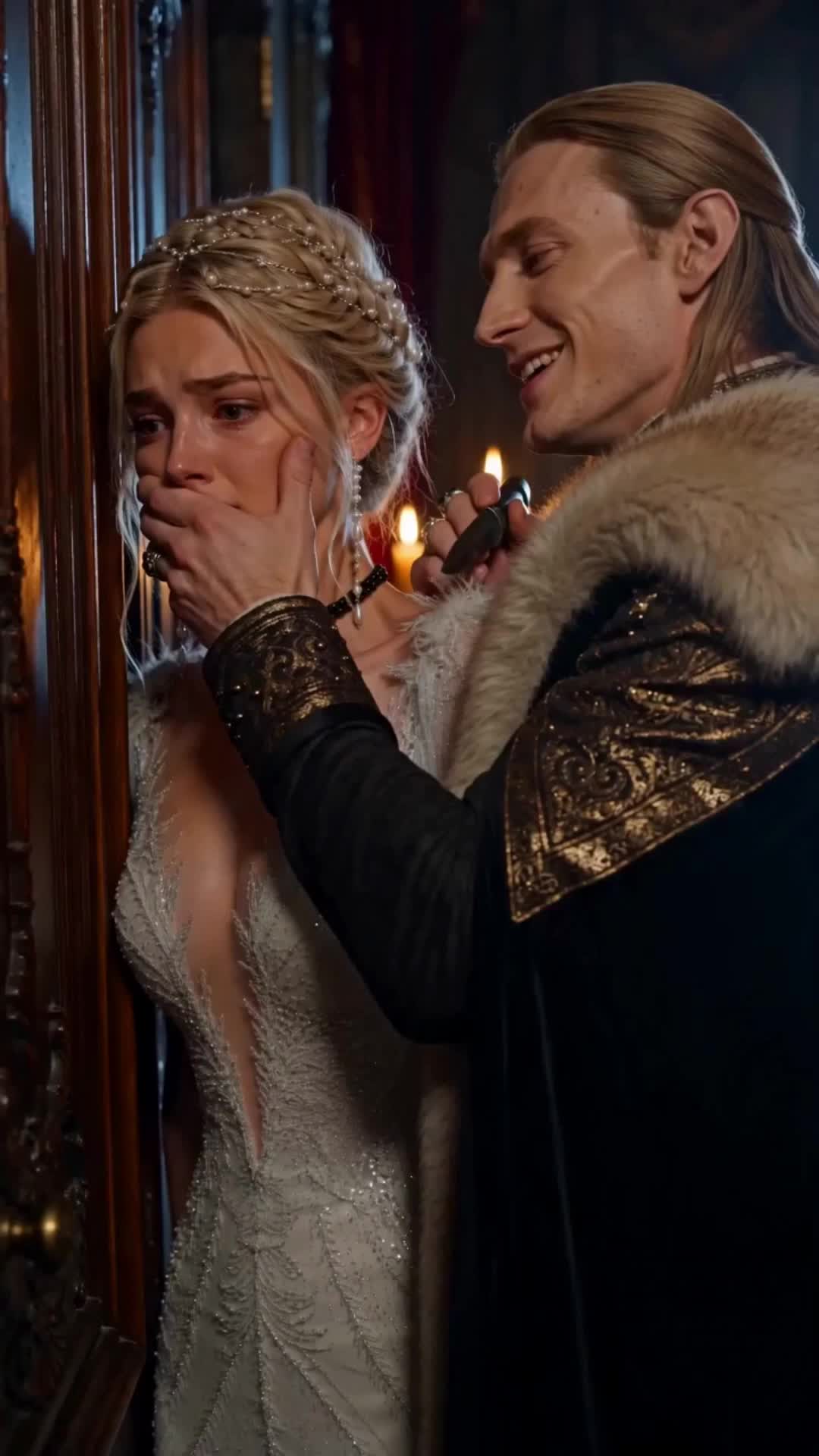 Cassia crying in a white beaded wedding dress, pearl hair chain and black choker, pressed against a wooden panel; a blond man with long hair, in a black-and-gold coat with a fur collar, covers her mouth with one hand and holds a dagger in the other, smiling, candles behind them