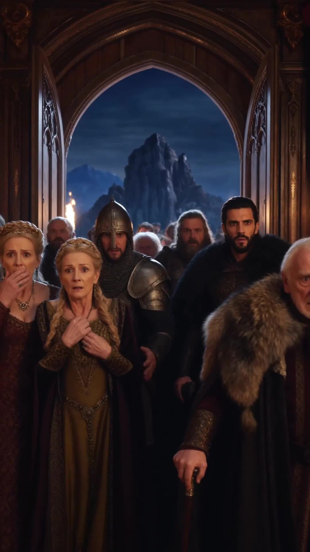 A stone hall with the court in shock: two older women in medieval gowns, one with a hand over her mouth, a soldier in helmet and chain mail, bearded men, a black-haired bearded man in a fur cloak and, in front, a white-haired old man with a fur collar leaning on a cane; behind them an arch opens onto a mountain at night lit by torches