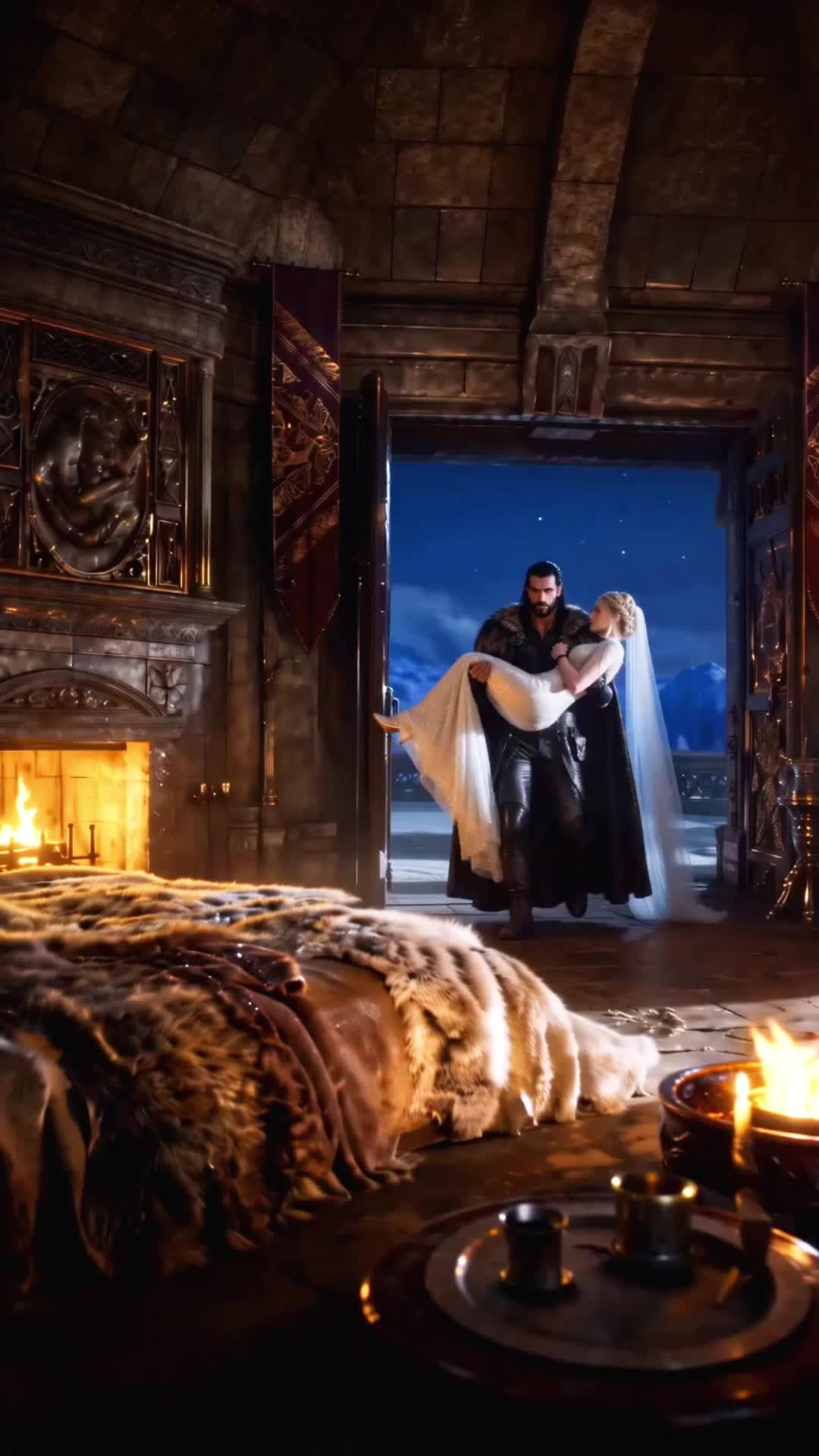 Ravek, in a fur coat and black leather, carries Cassia in his arms, in a white gown and long veil, through an open door into a stone chamber with a lit fireplace and a fur-covered bed; a starry sky and mountains behind