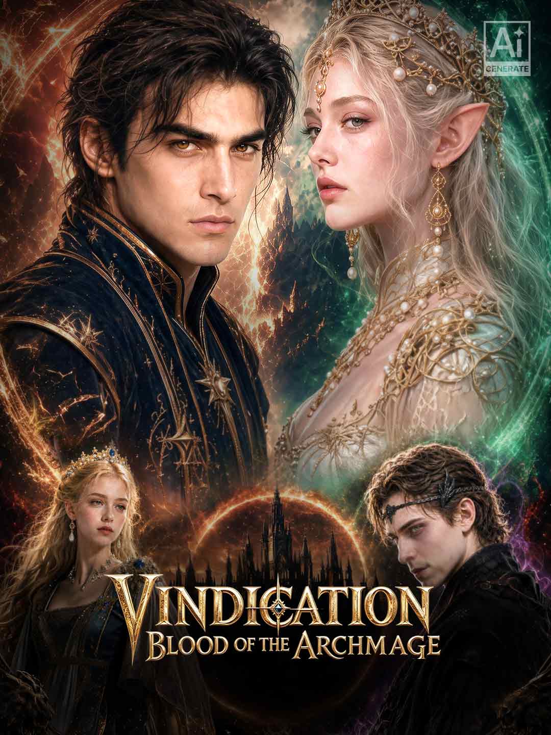 Cover of Vindication: Blood of the Archmage: Cedric, long black hair and amber eyes in a black coat with gold embroidery, beside a blonde elf with pointed ears, a pearl-and-gold headdress and a gold-embroidered white gown; below them a blonde woman in a tiara and dark gown and a young man in a dark circlet, over a castle silhouette and the title in gold letters