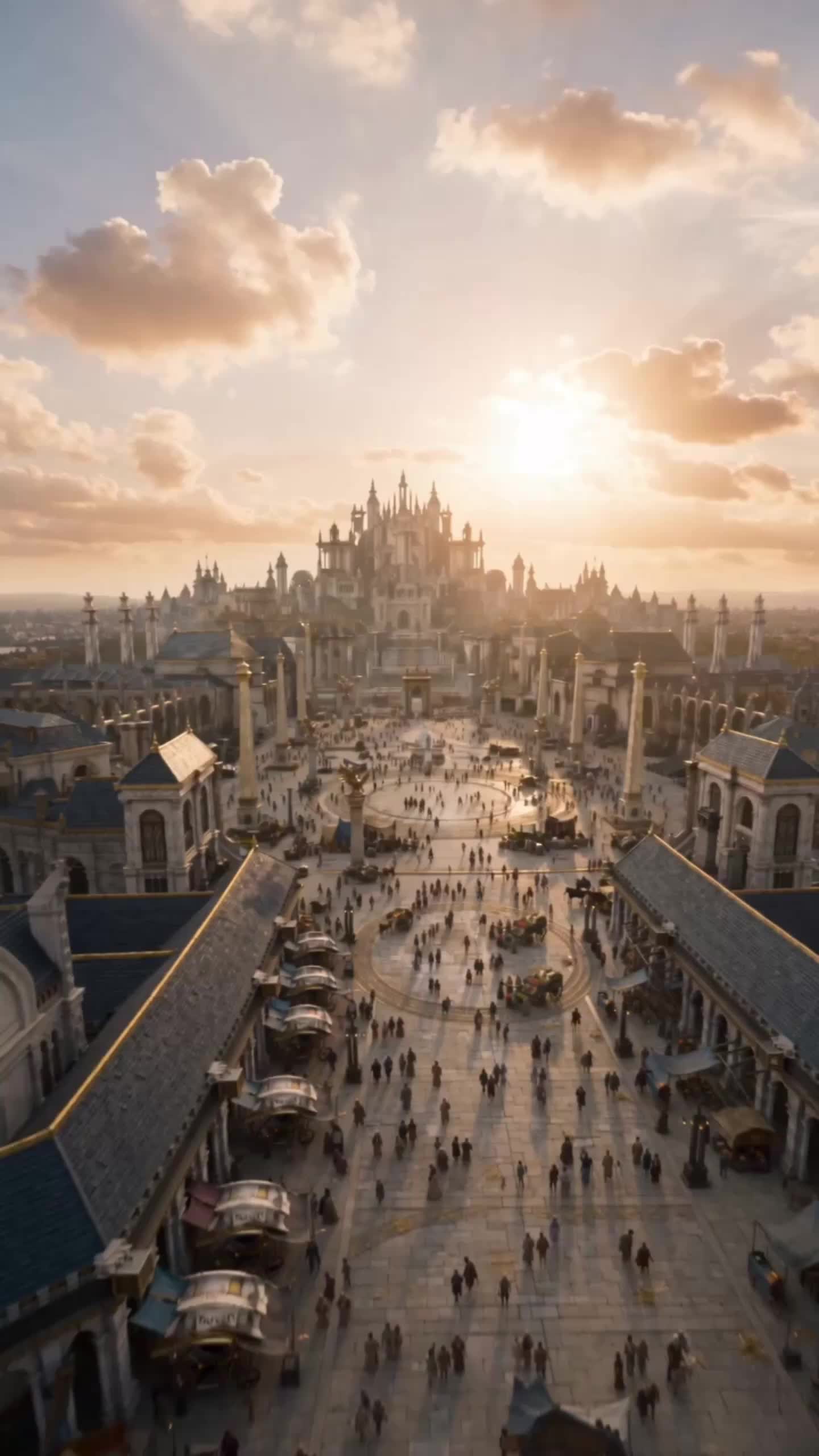 Aerial view of a white-stone city at sunset: a castle with spires on a hill, a long avenue and a market square full of people between tiled rooftops, under orange clouds