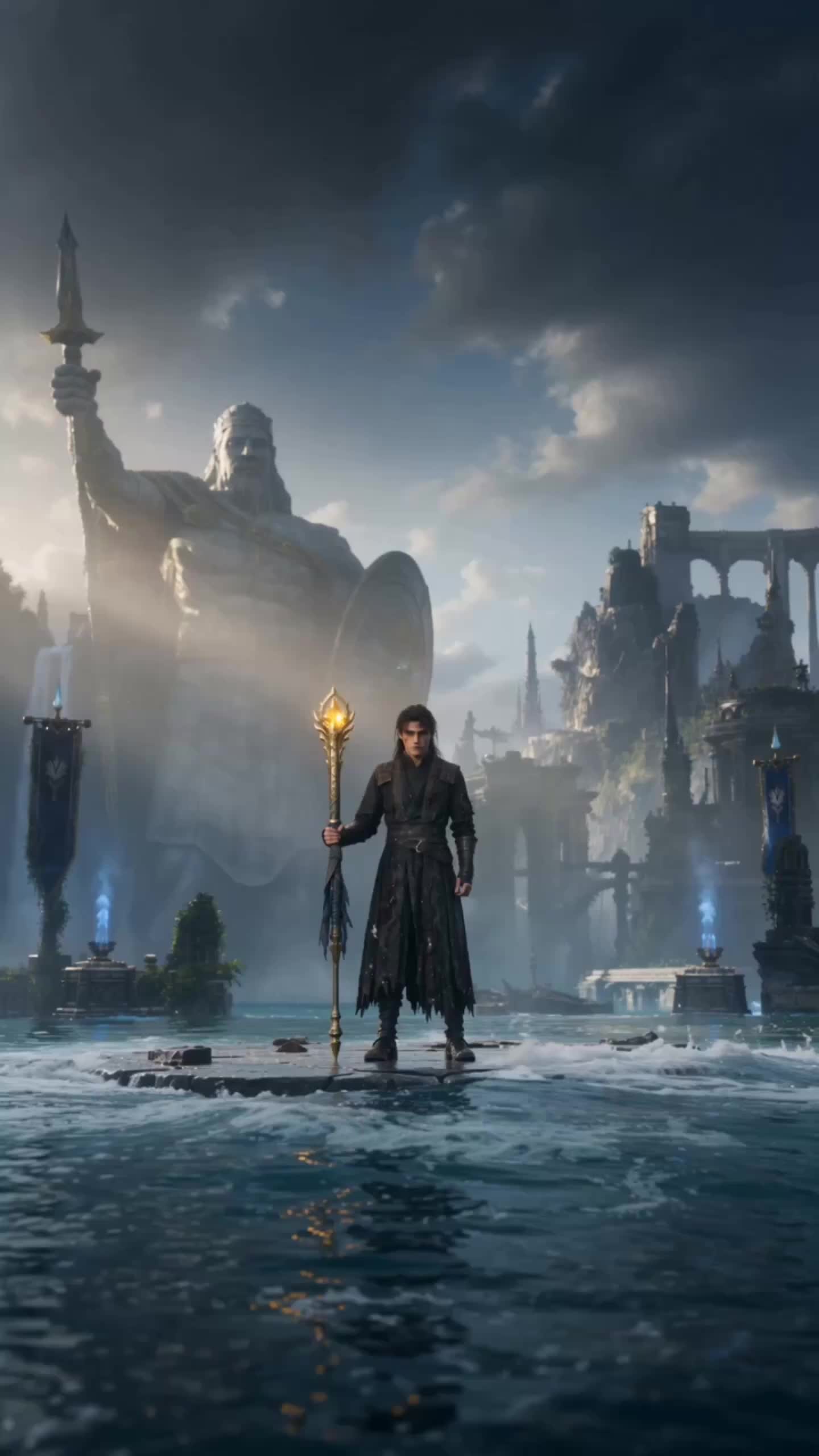 Cedric standing on a stone platform in the water, holding a staff with a glowing golden head, with the giant statue, ruined arches and blue banners behind him