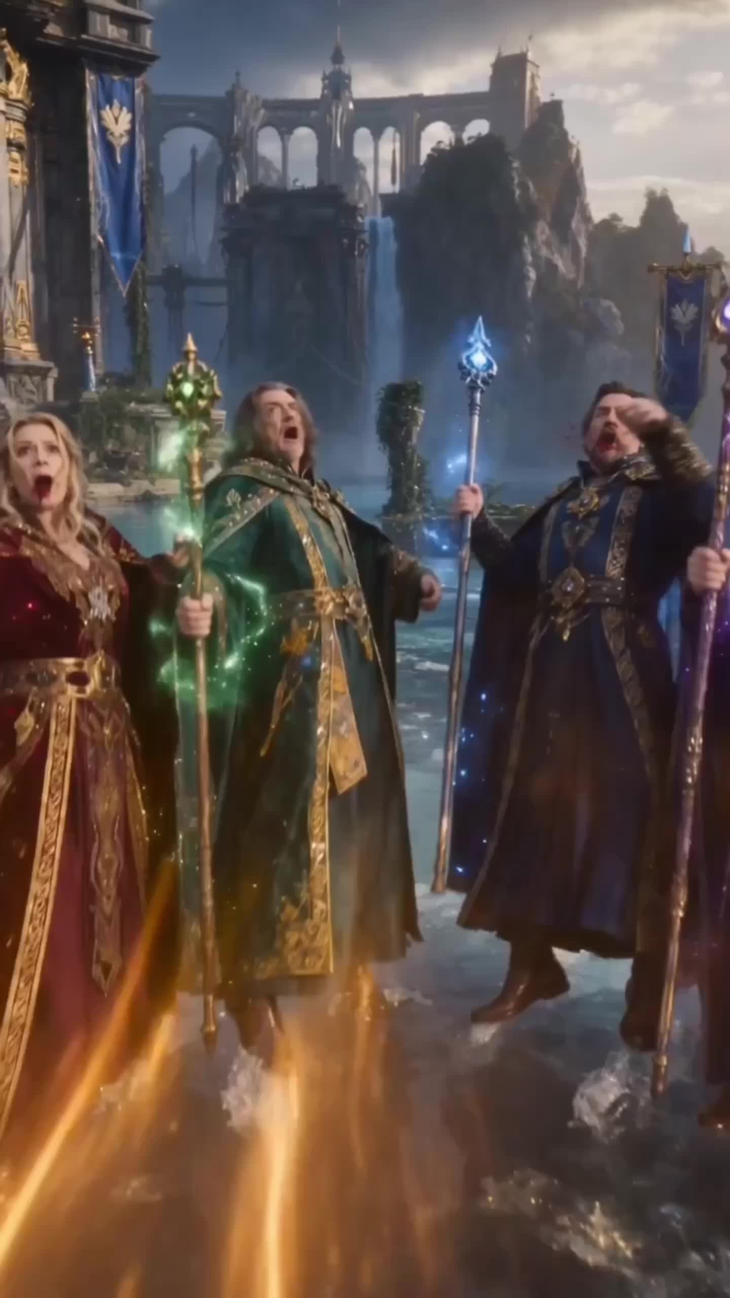 Three mages shouting with their staffs raised, a woman in a red robe with a gold-trimmed hood, a grey-haired man in green with a green-glowing staff and a man in dark blue with a blue-glowing staff, while a column of golden light hits the water in front of them
