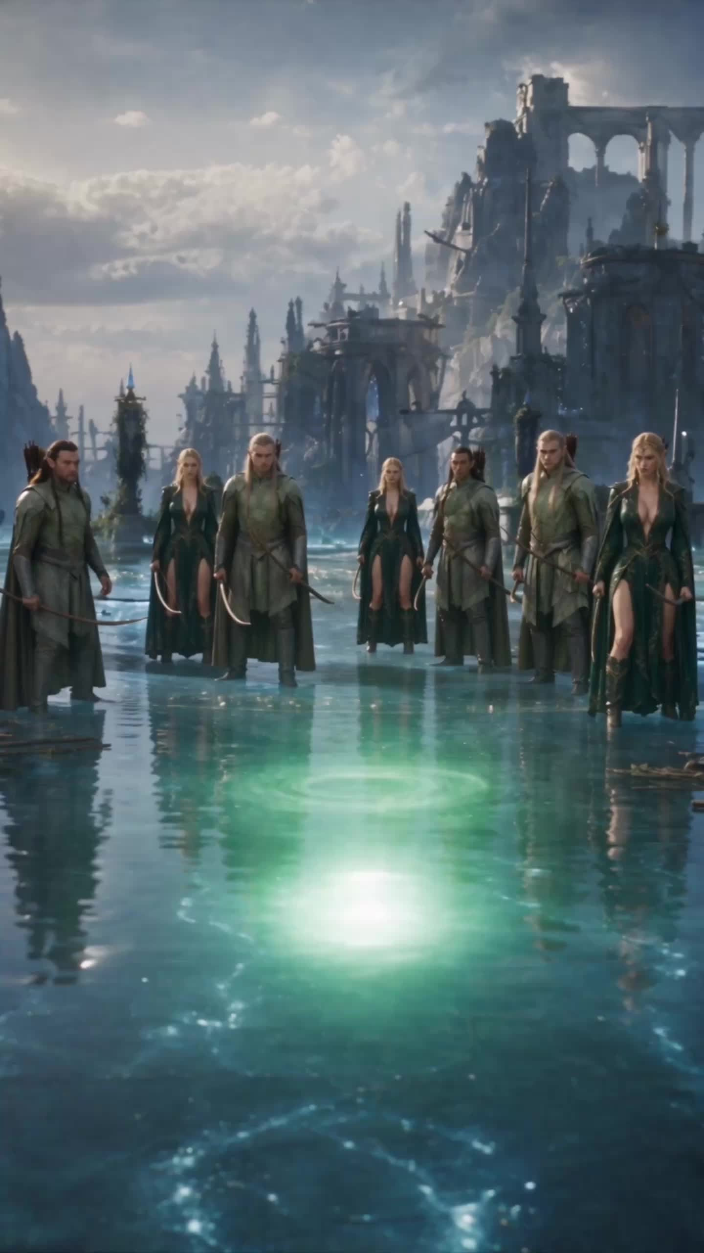 A squad of elves in green leather armor with curved swords standing in shallow water in front of ruined arches, a ring of green light glowing on the water before them